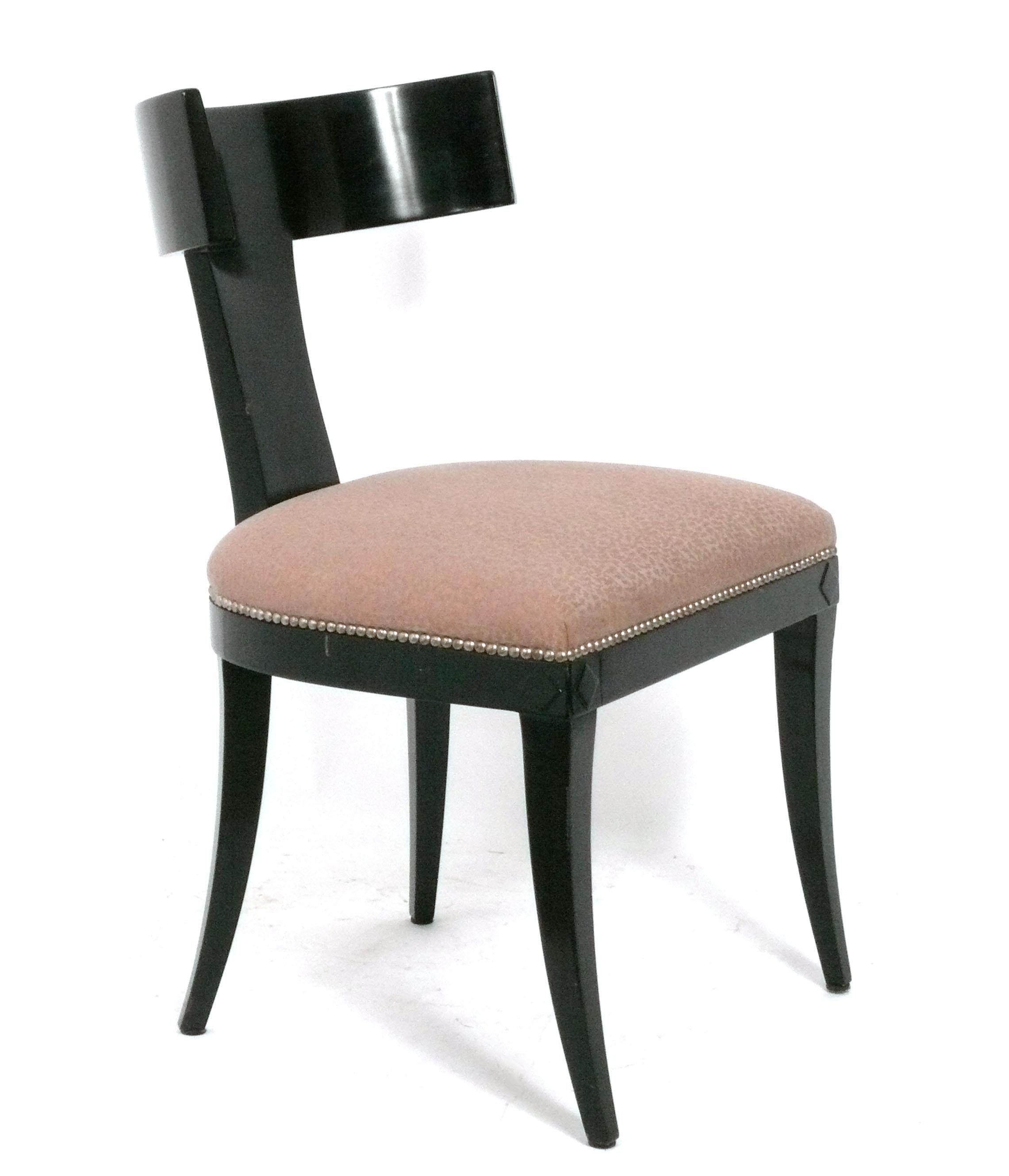 Set of Four Curvaceous T Back Black Lacquer Klismos Dining Chairs, American, circa 2000s. They look great from every angle and are comfortable too!
