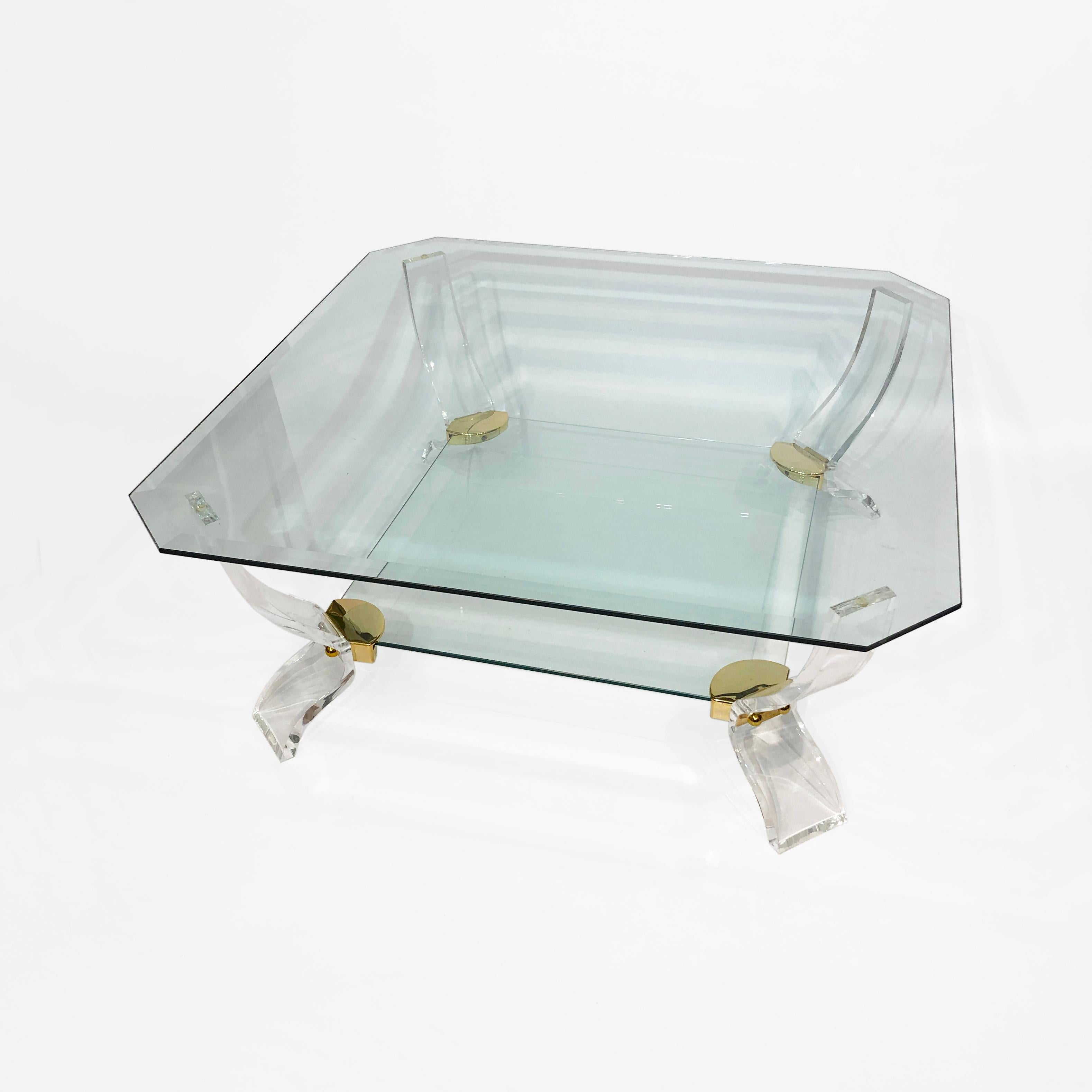 Hollywood Regency Lucite Glass brass Coffee Table 1980s Midcentury Charles Hollis Jones 1970s 80s  For Sale