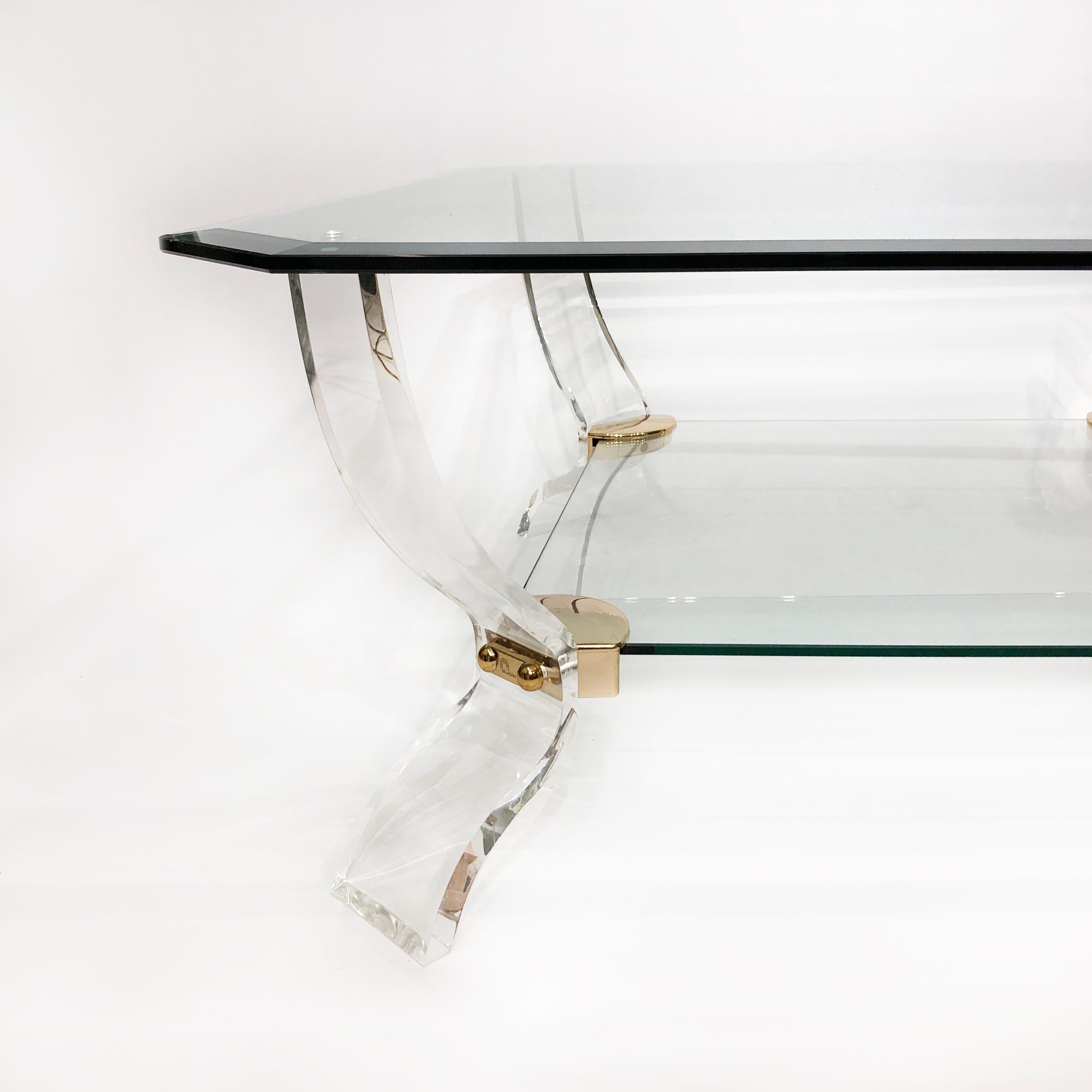 Spanish Lucite Glass brass Coffee Table 1980s Midcentury Charles Hollis Jones 1970s 80s  For Sale