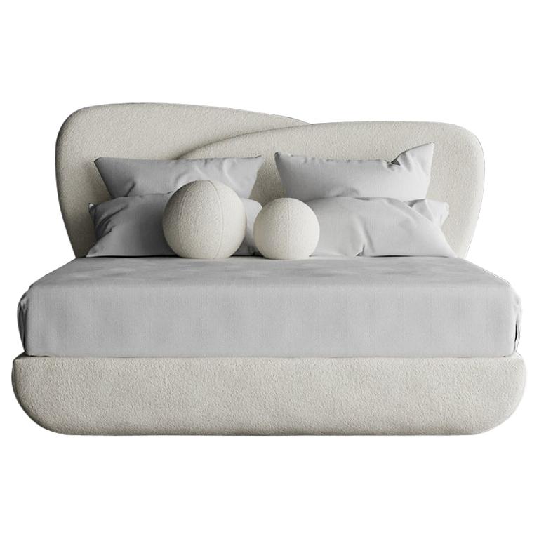 Curve Bed, Modern Layered Asymmetrical Bed in Cream Boucle