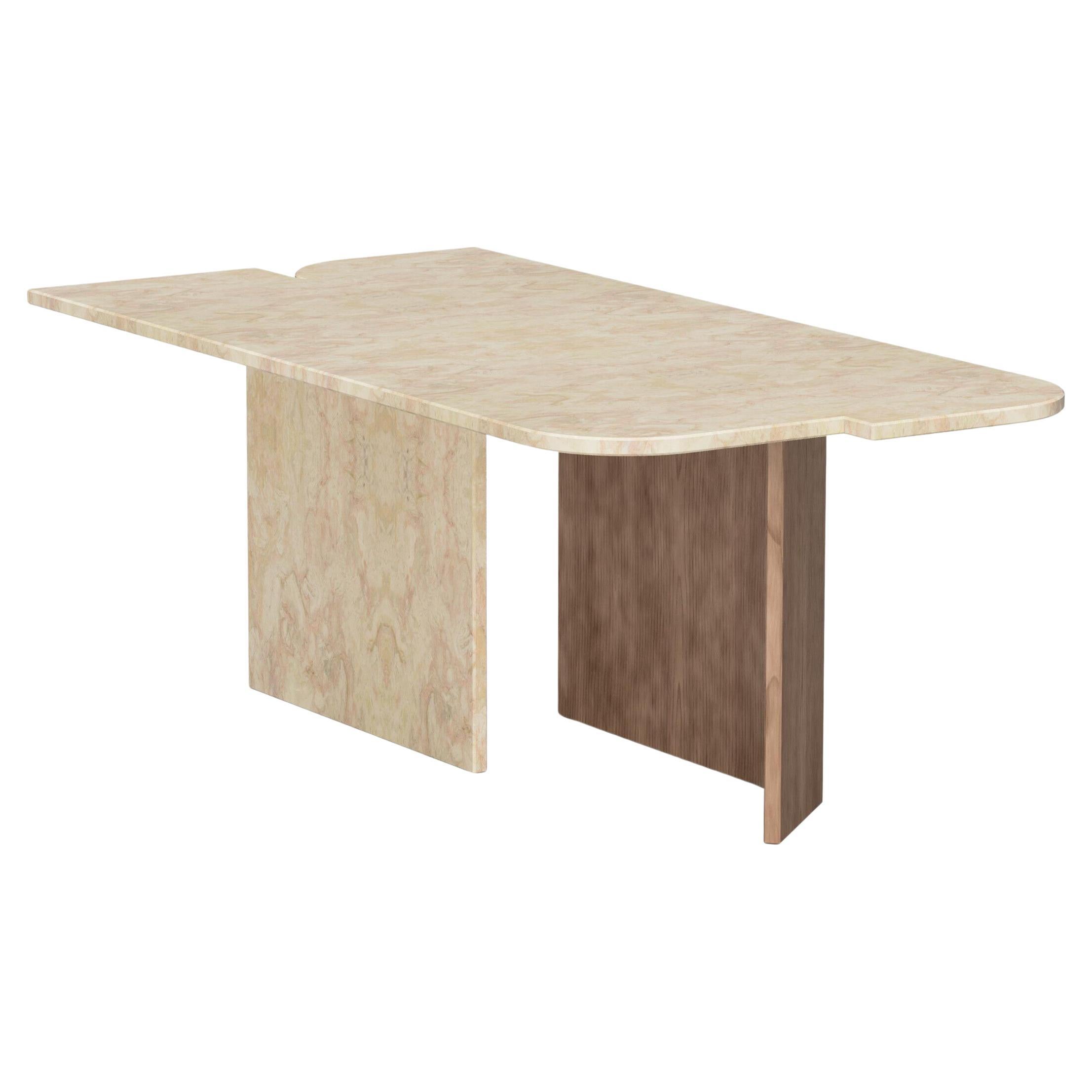 Curve Dinner table in Travertine Marble and Natural Walnut feet