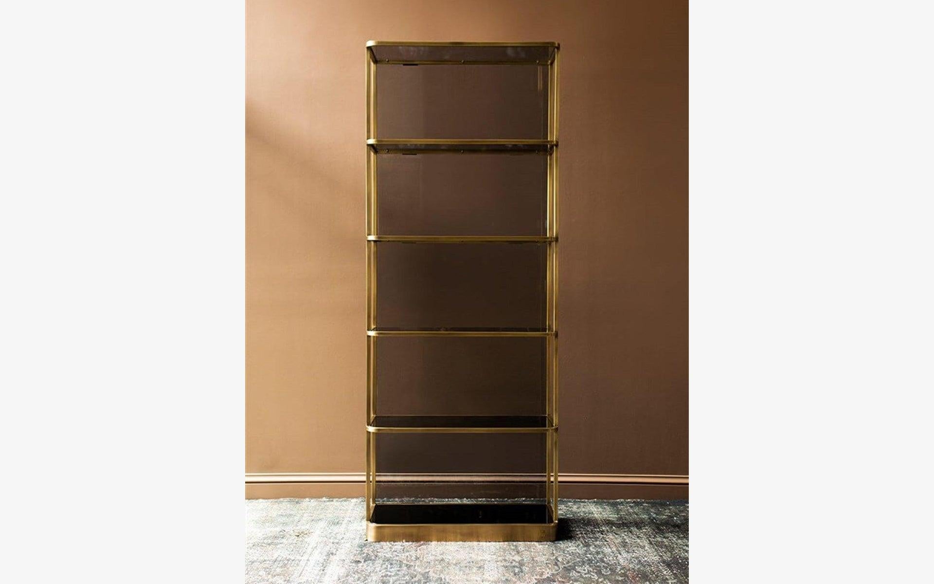 Modern Curve Shelf System, Smoked Glass Shelves, Brass Frame For Sale