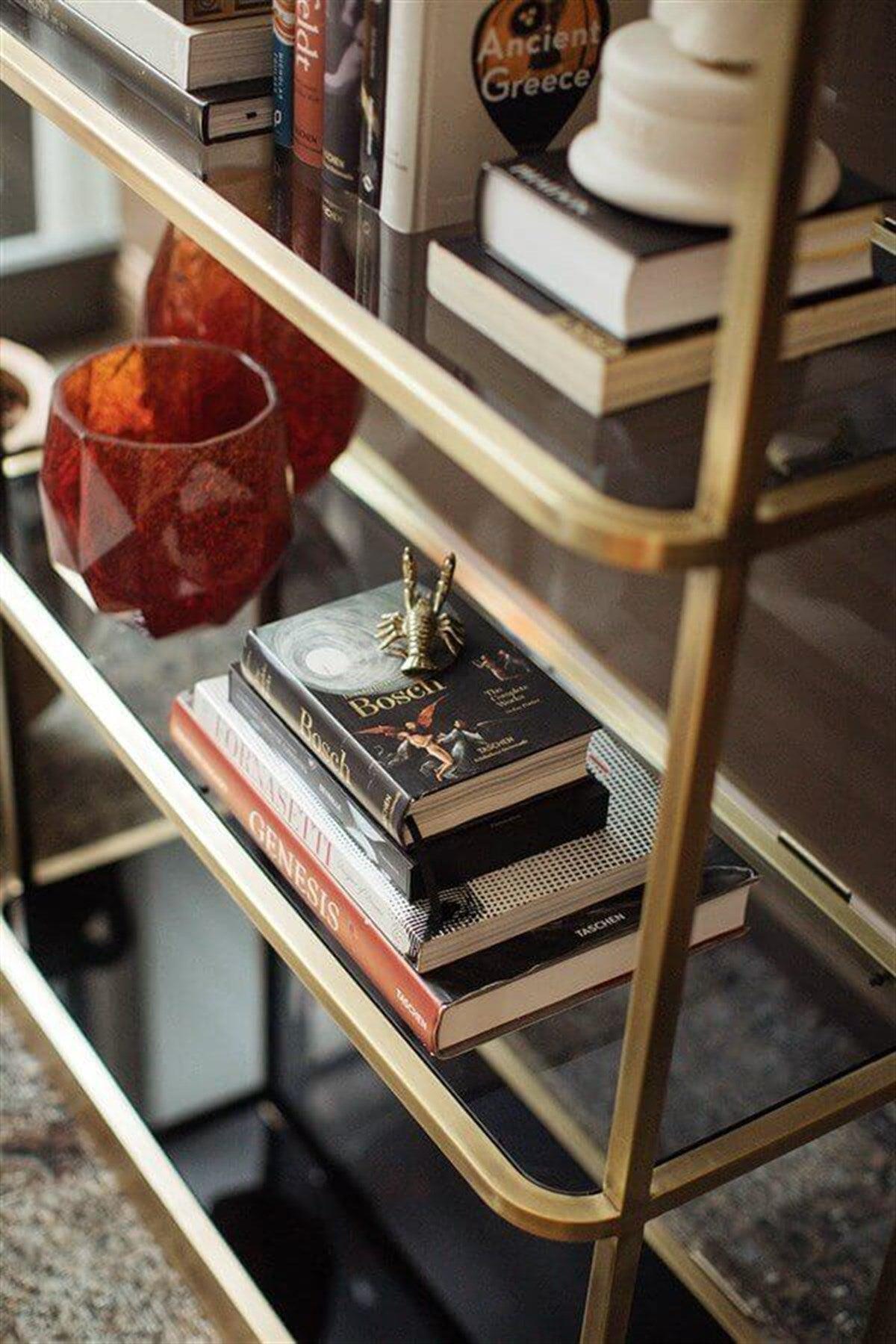 Metalwork Curve Shelf System, Smoked Glass Shelves, Brass Frame For Sale