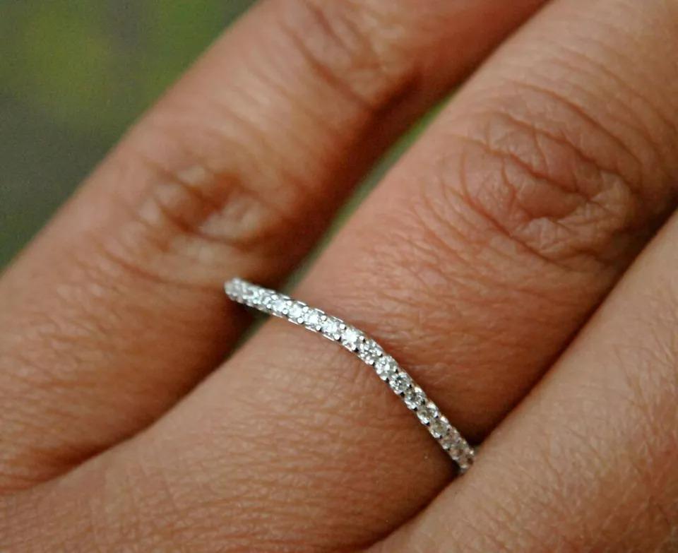 Curved 14k Gold Natural Diamond Engagement Ring Half Eternity Band In New Condition For Sale In Chicago, IL