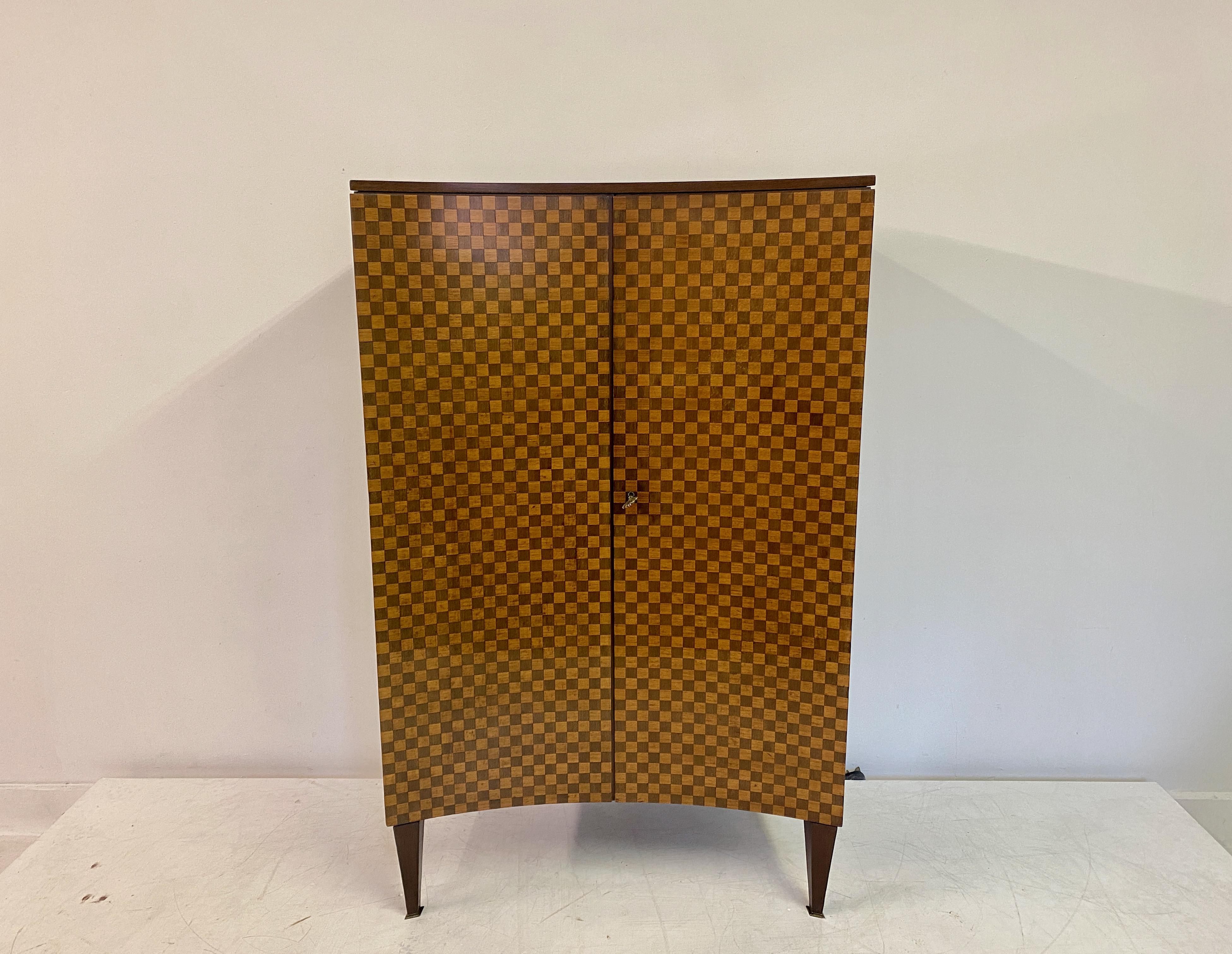 Mid-Century Modern Curved 1950S Italian Drinks Cabinet With Chequerboard Front