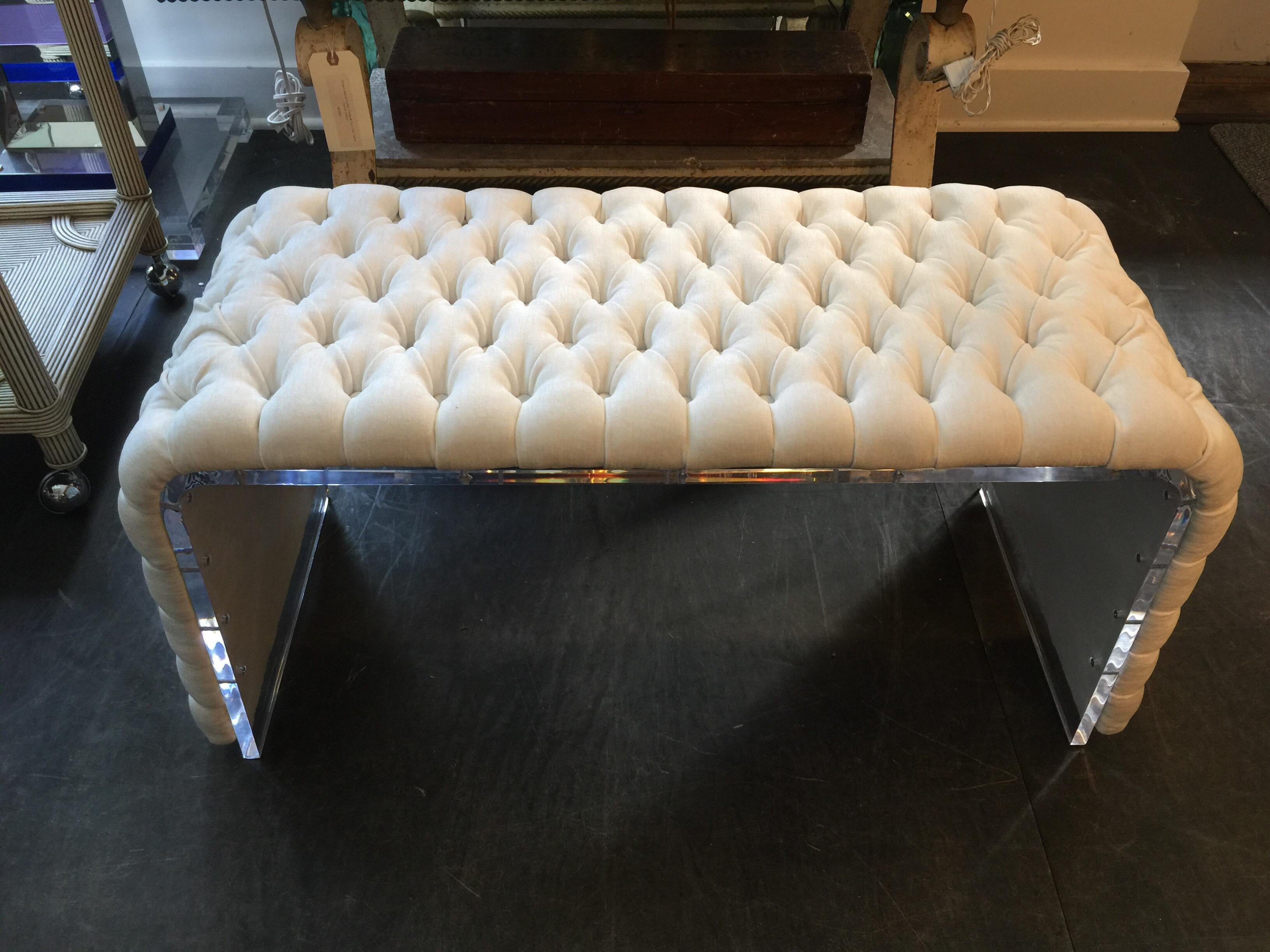 American Curved Acrylic Framed Bench with Tufted Linen Upholstery 