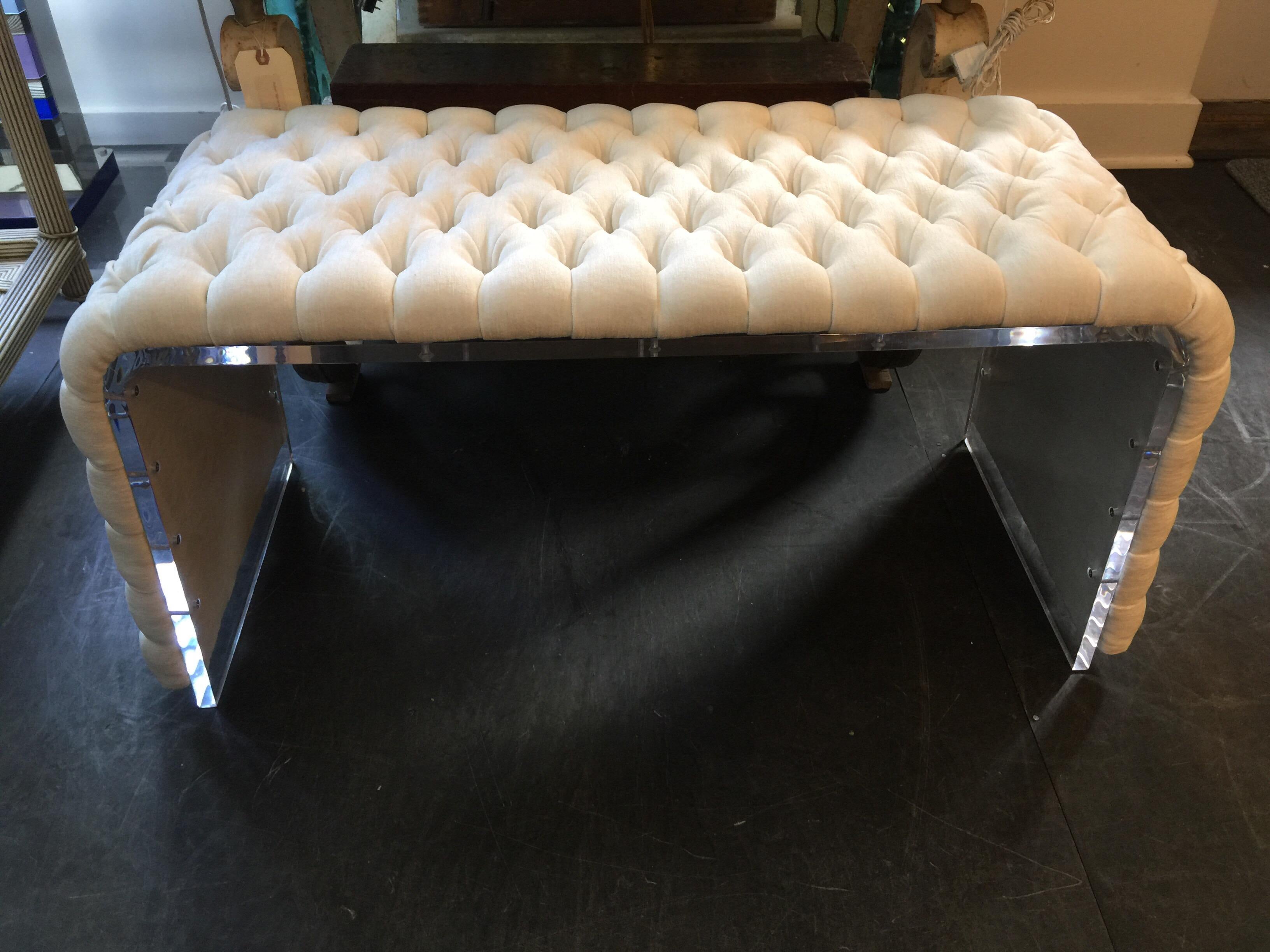 Curved Acrylic Framed Bench with Tufted Linen Upholstery  In Good Condition In East Hampton, NY