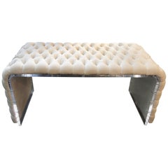 Curved Acrylic Framed Bench with Tufted Linen Upholstery 