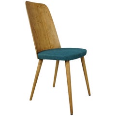 Curved and Wooden Backrest with Turquoise Fabric, 1960s Chair