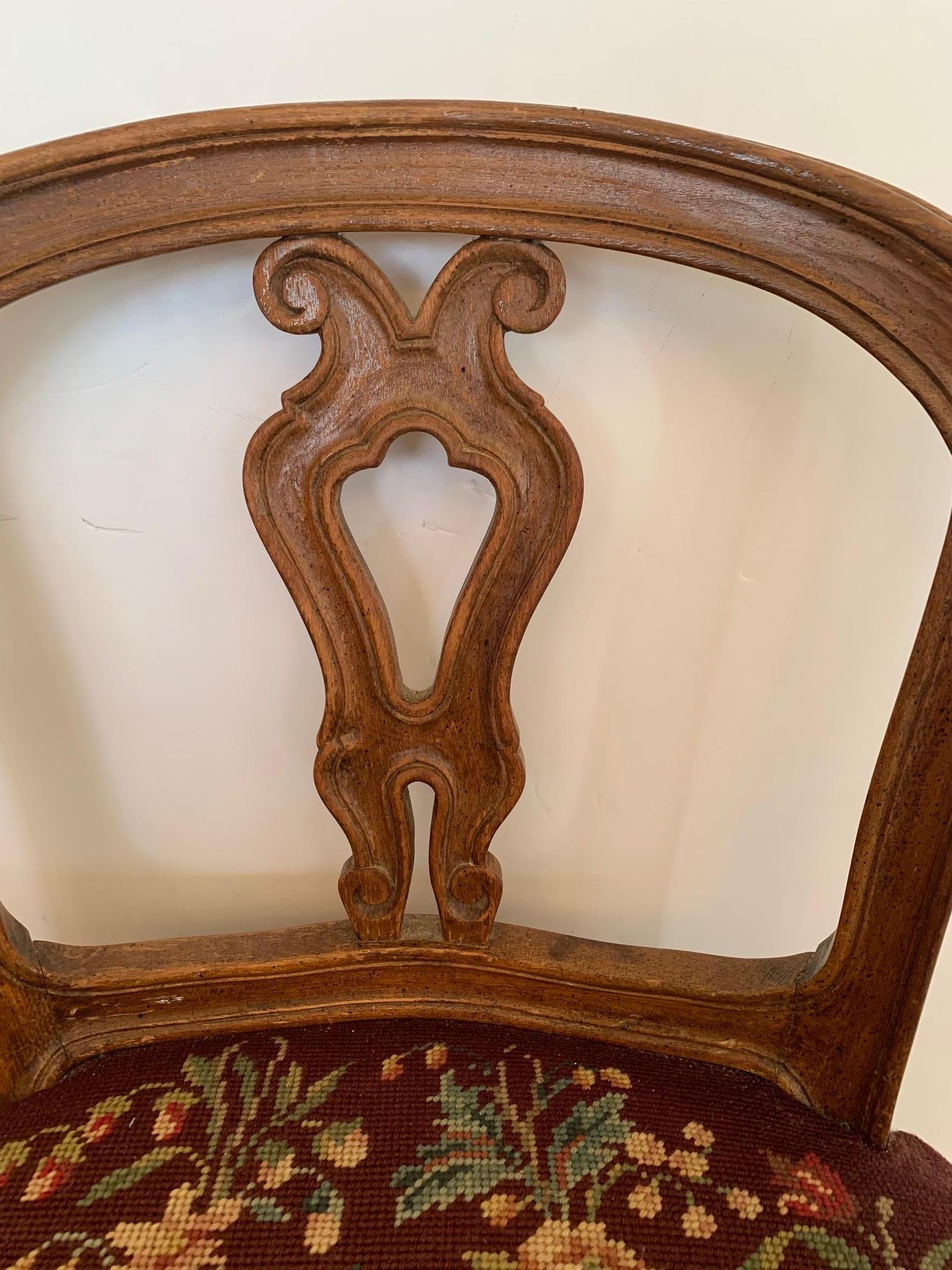 Early 20th Century Curved Antique French Walnut Salon Chair with Lovely Needlepoint Seat For Sale