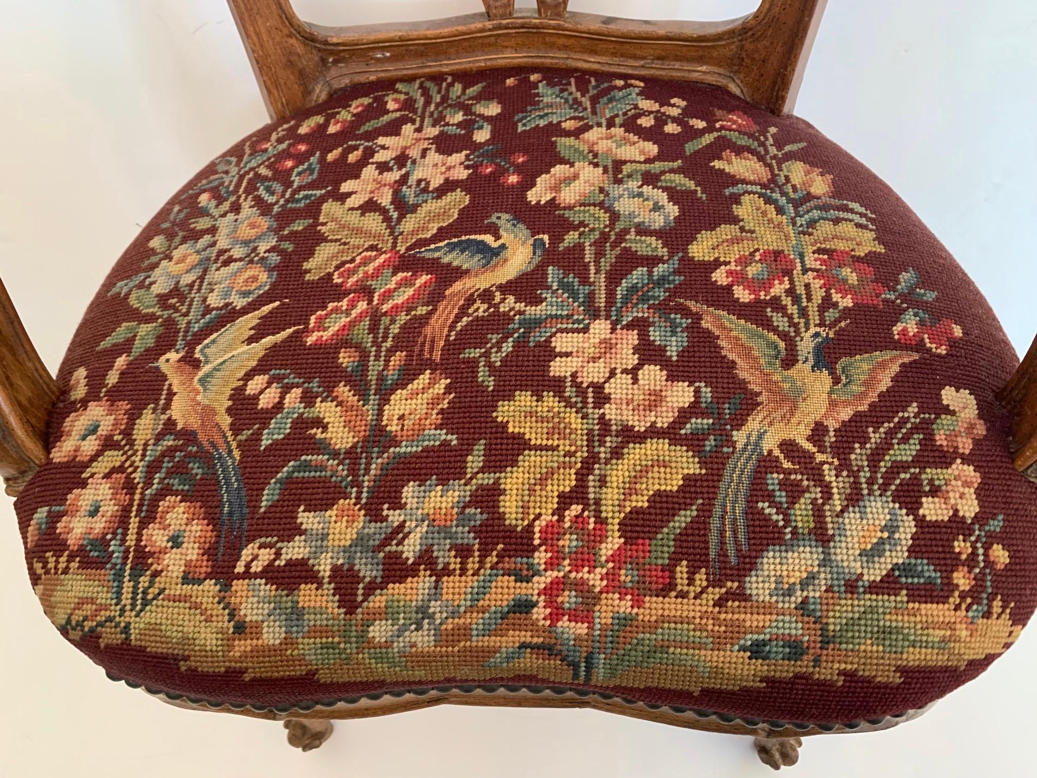 Tapestry Curved Antique French Walnut Salon Chair with Lovely Needlepoint Seat For Sale