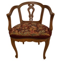 Curved Antique French Walnut Salon Chair with Lovely Needlepoint Seat