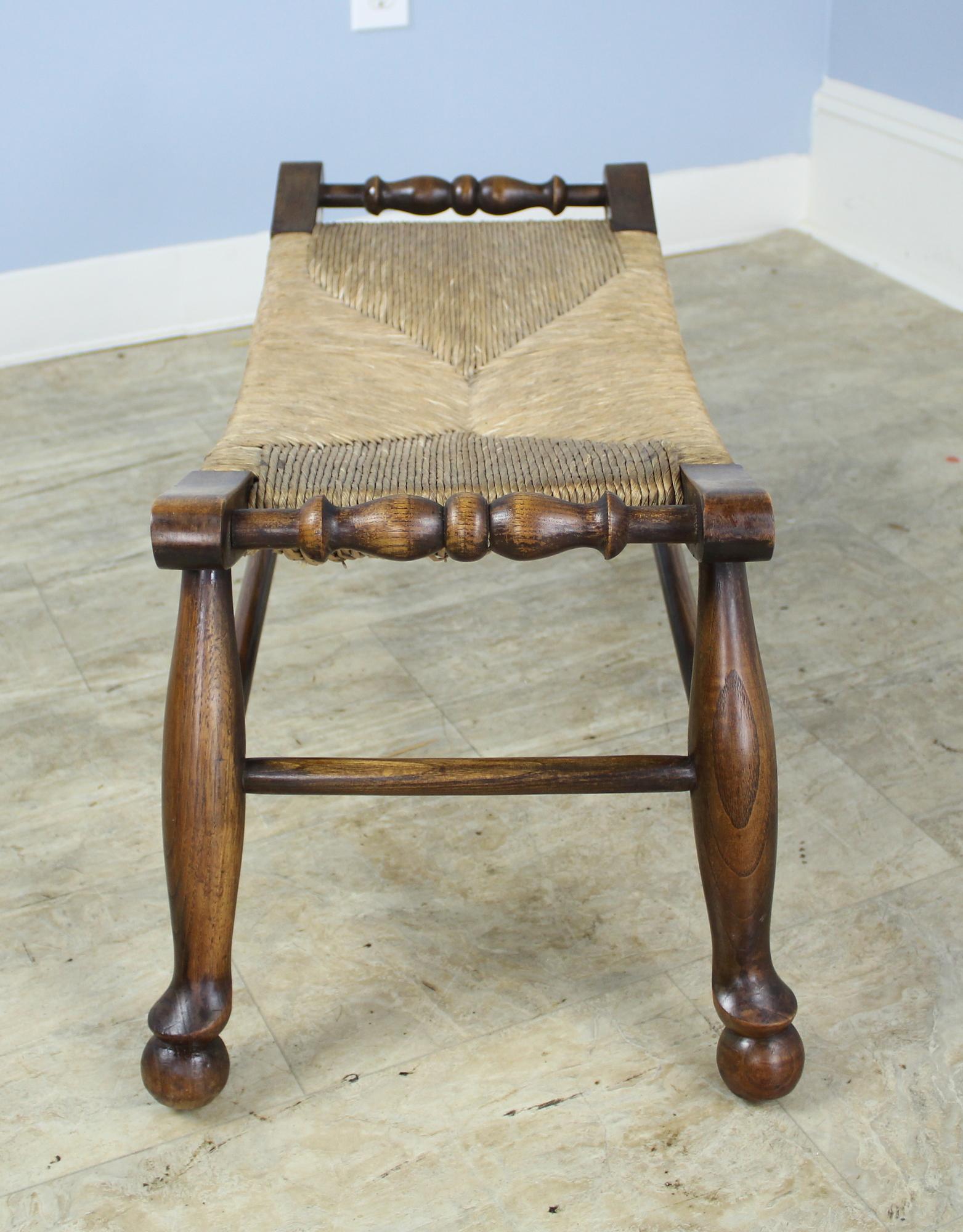 English Curved Antique Rush Seated Stool