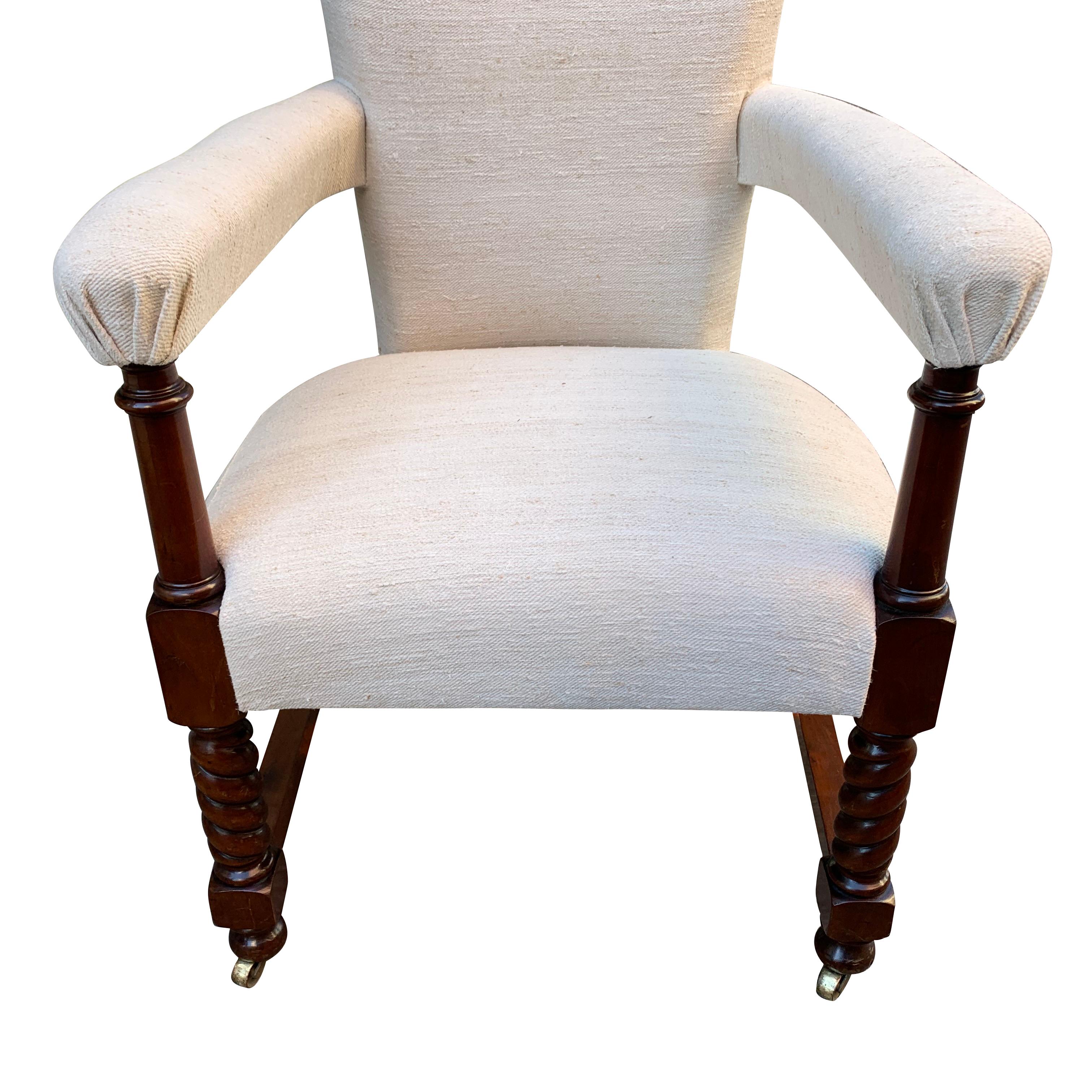 Curved Arm Pair of Upholstered Vintage Linen Club Chairs, Scotland, 19th Century In Good Condition In New York, NY