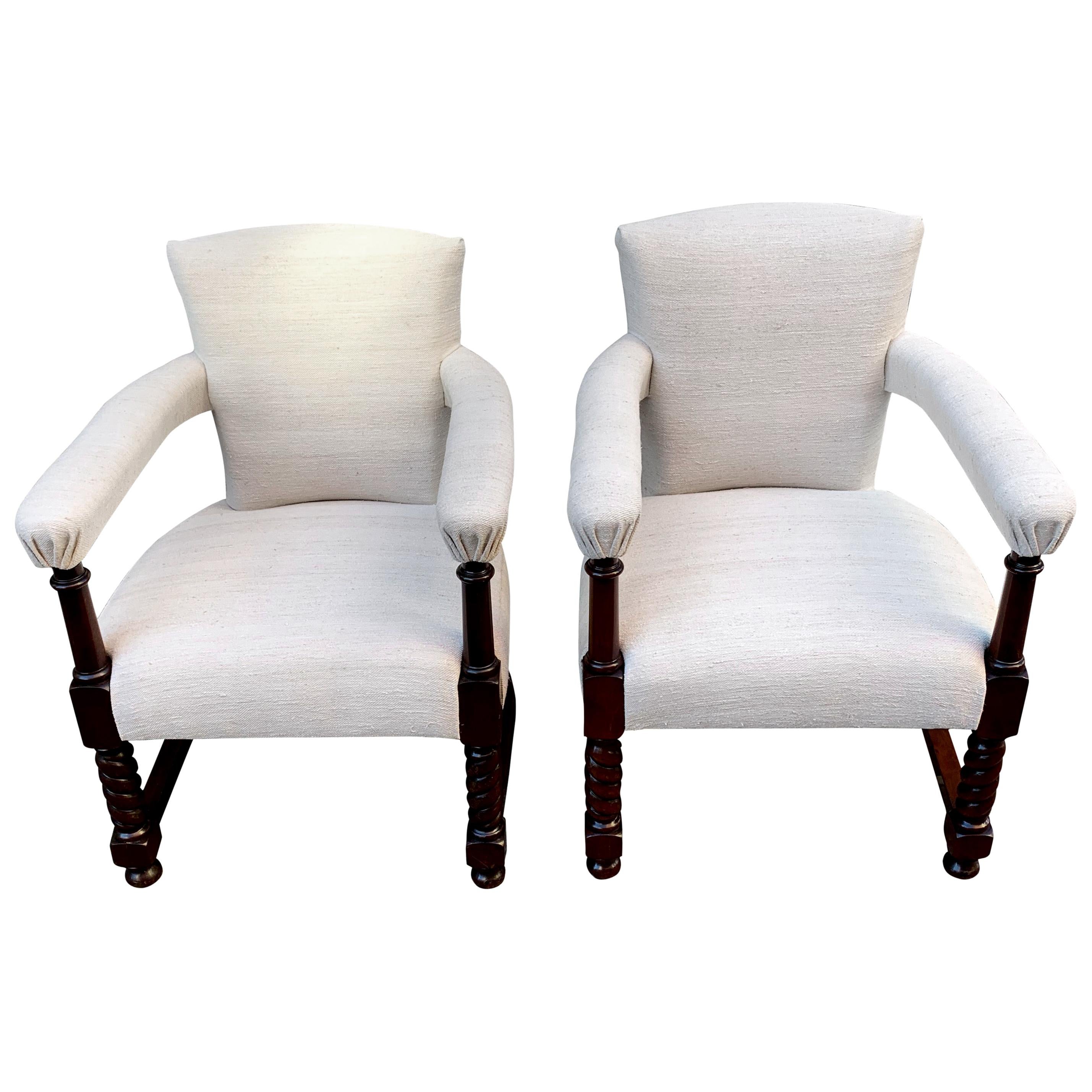 Curved Arm Pair of Upholstered Vintage Linen Club Chairs, Scotland, 19th Century