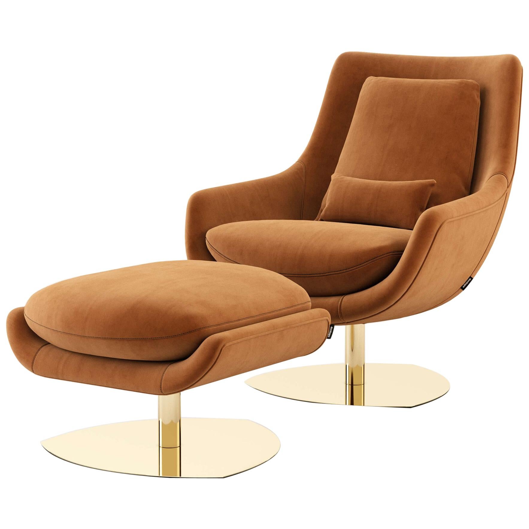 Curved Armchair and Matching Ottoman Set in Cotton Velvet Plated Steel