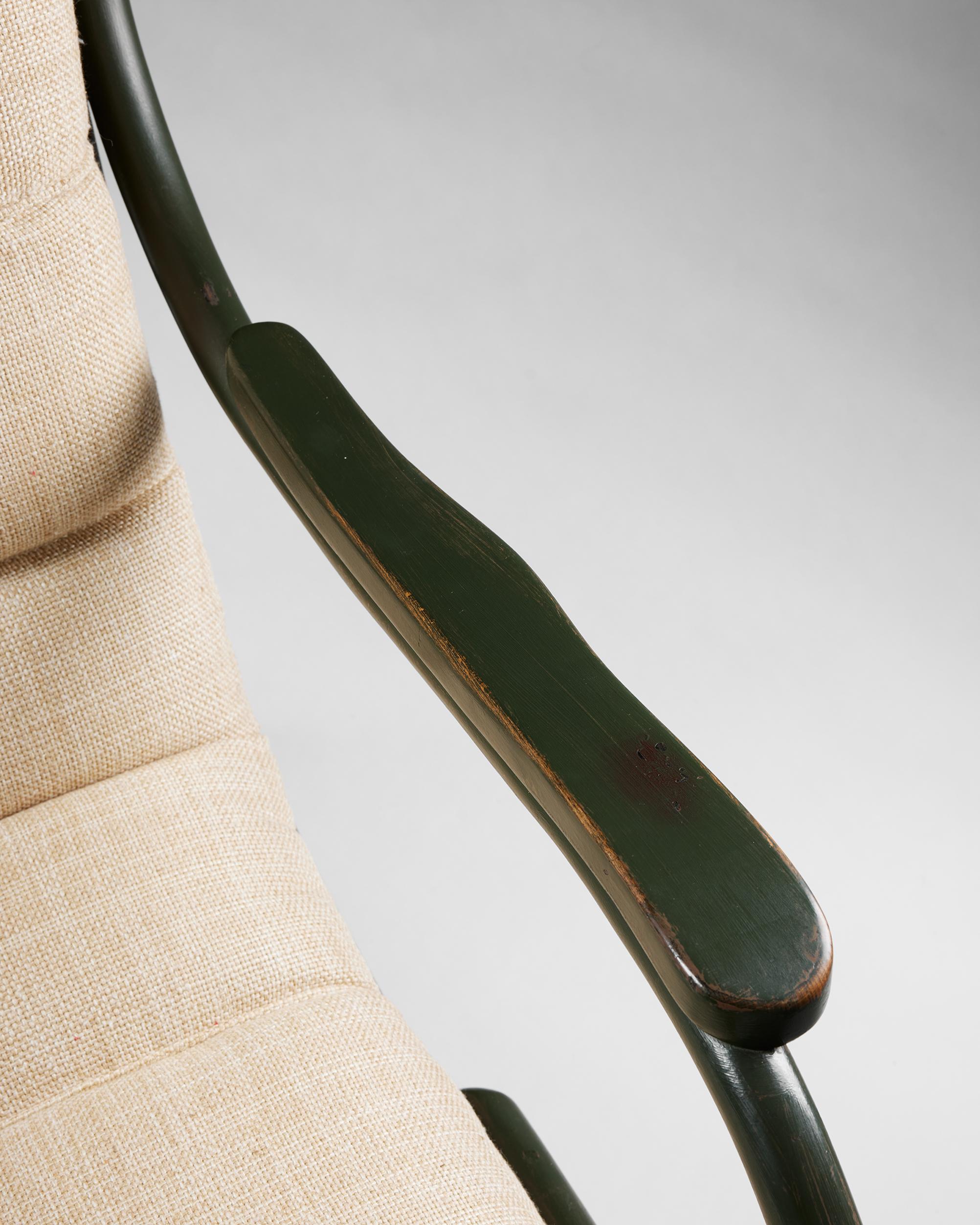 Curved Armchair, anonymous, Sweden, 1940s, lacquered wood, textile upholstery For Sale 3