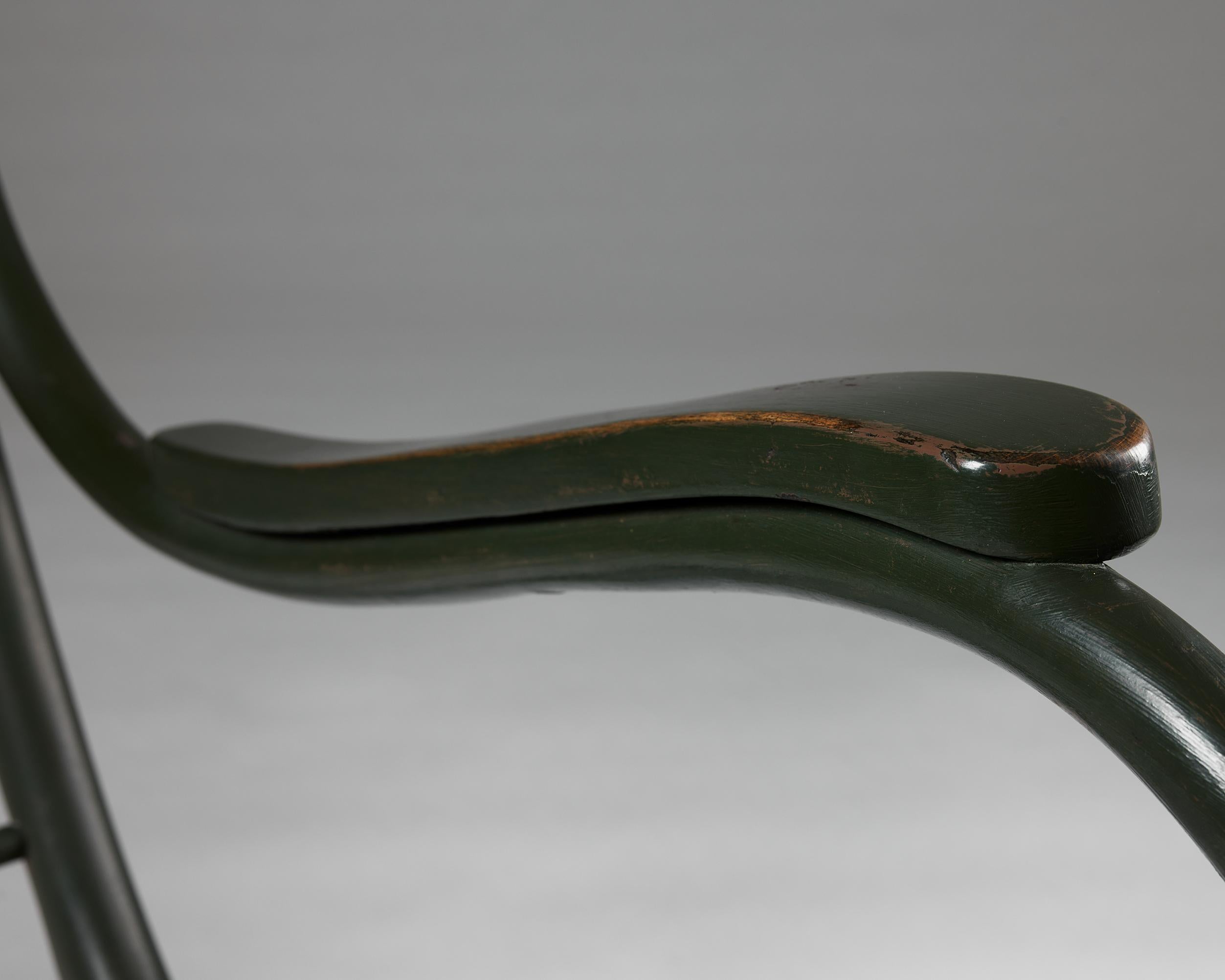 Curved Armchair, anonymous, Sweden, 1940s, lacquered wood, textile upholstery For Sale 7