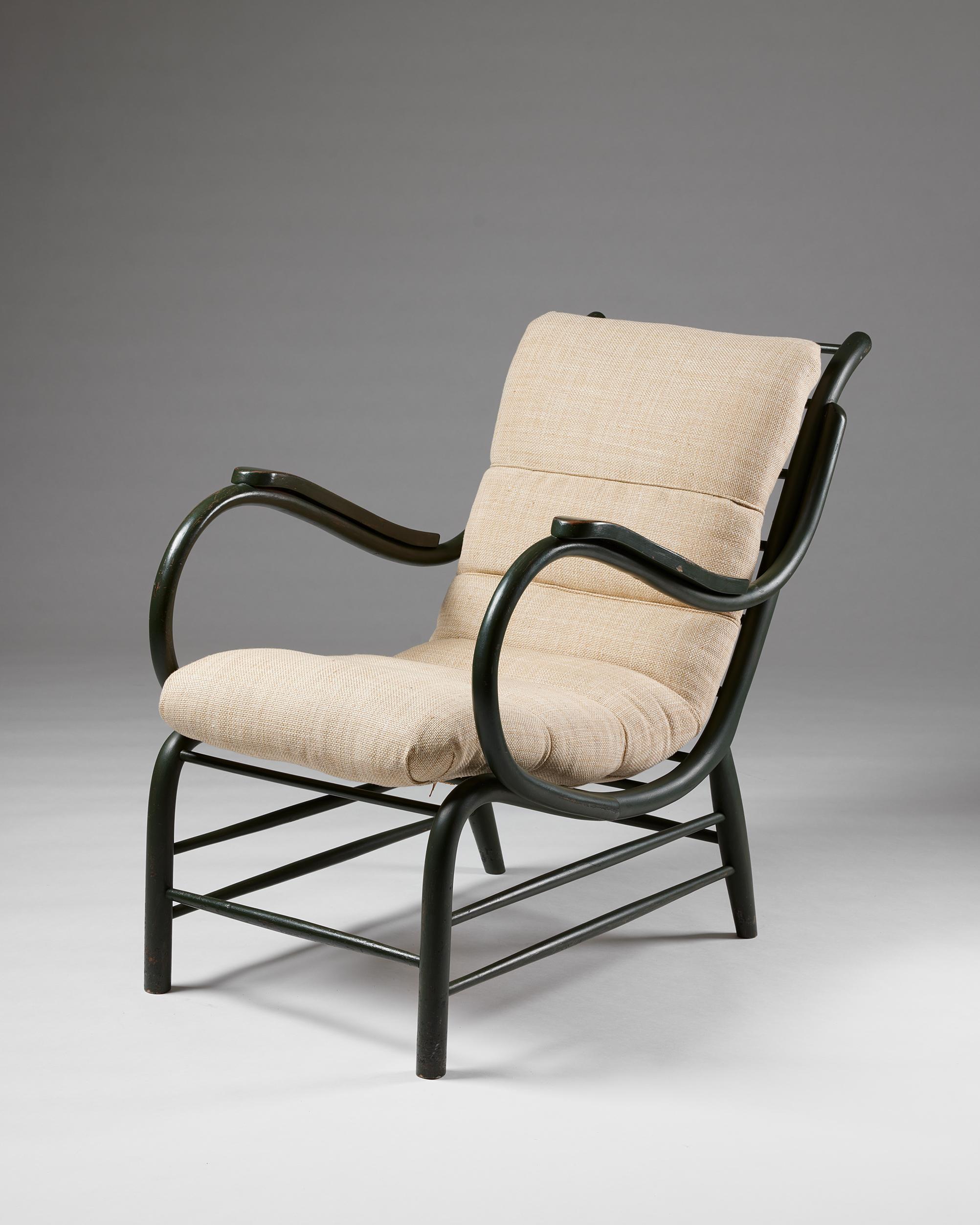 Armchair, anonymous, Sweden, 1940s

Lacquered wood and textile upholstery.

H: 86 cm
W: 60 cm
D: 108 cm
SH: 40 cm
AH: 66 cm