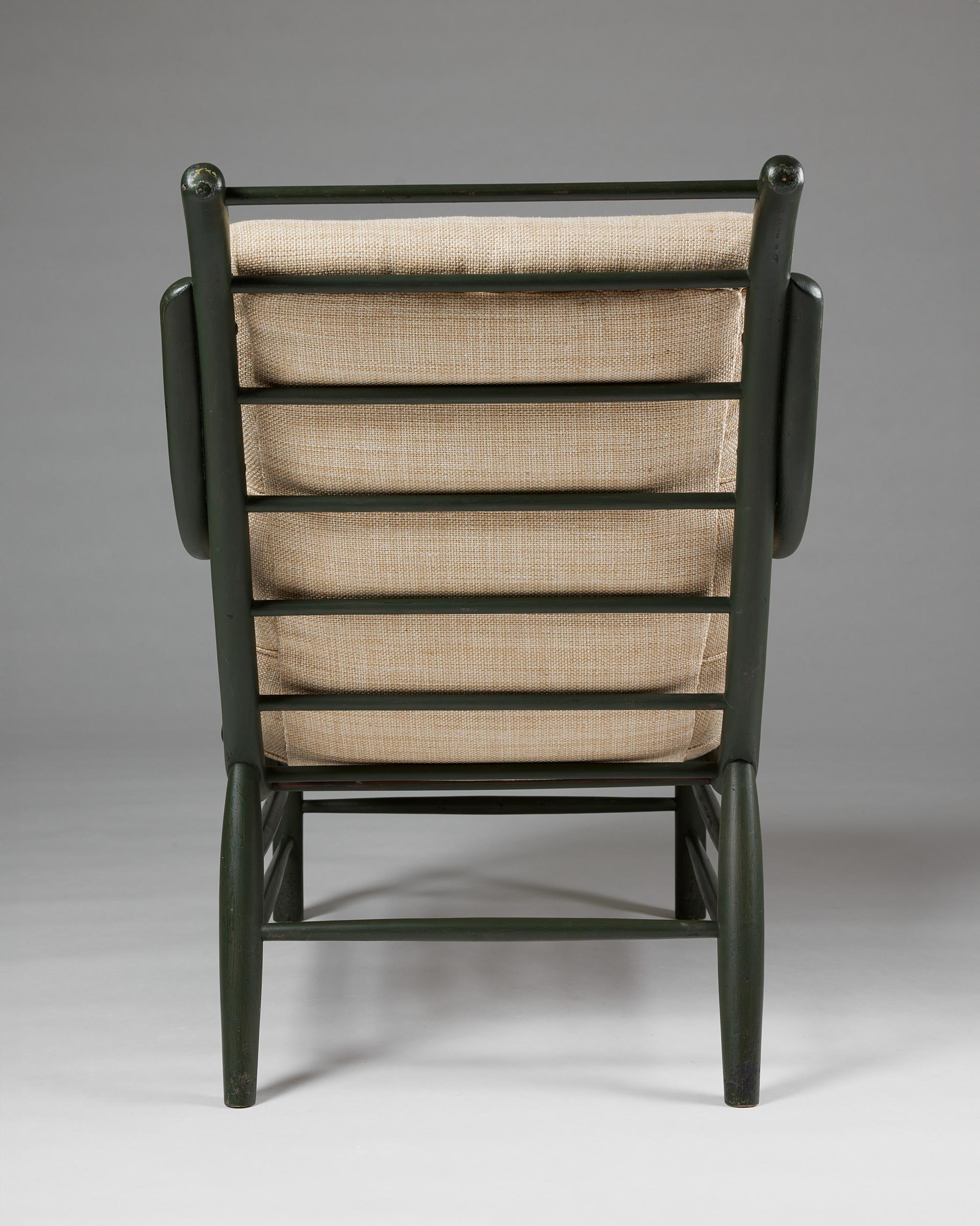 Textile Curved Armchair, anonymous, Sweden, 1940s, lacquered wood, textile upholstery For Sale