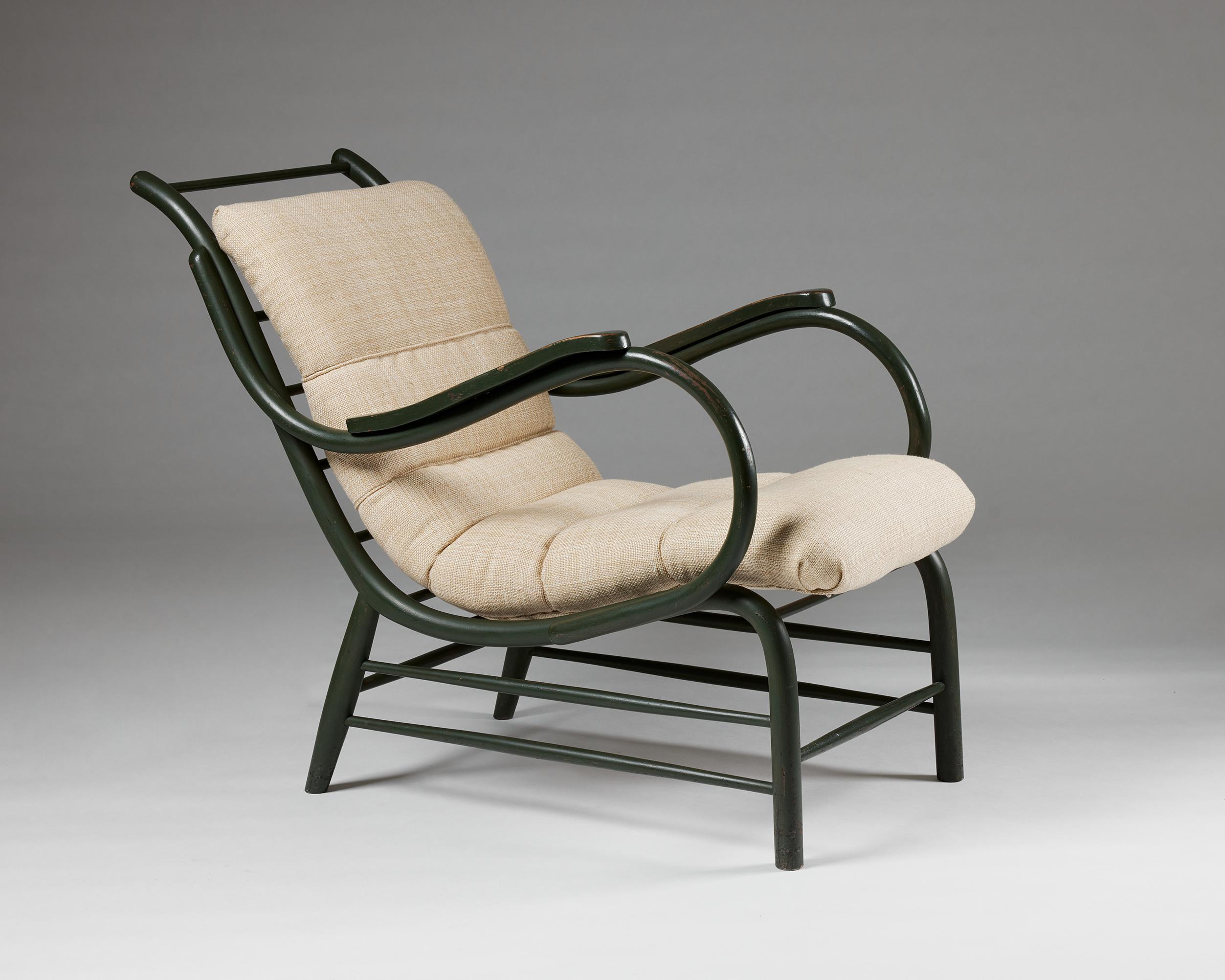 Gebogener Sessel, anonym, Schweden, 1940er Jahre, lackiertes Holz, Textilpolsterung im Angebot 2