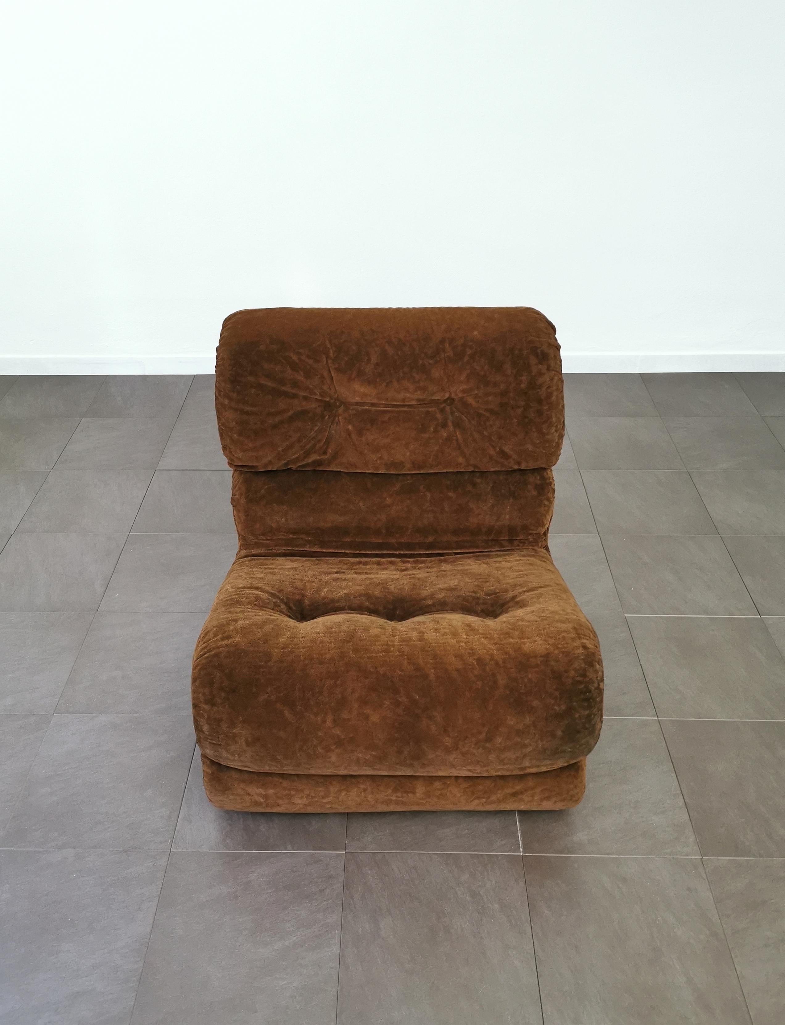 Mid-Century Modern Curved Armchair Velvet Brown Wood Midcentury Italian Design 1960s