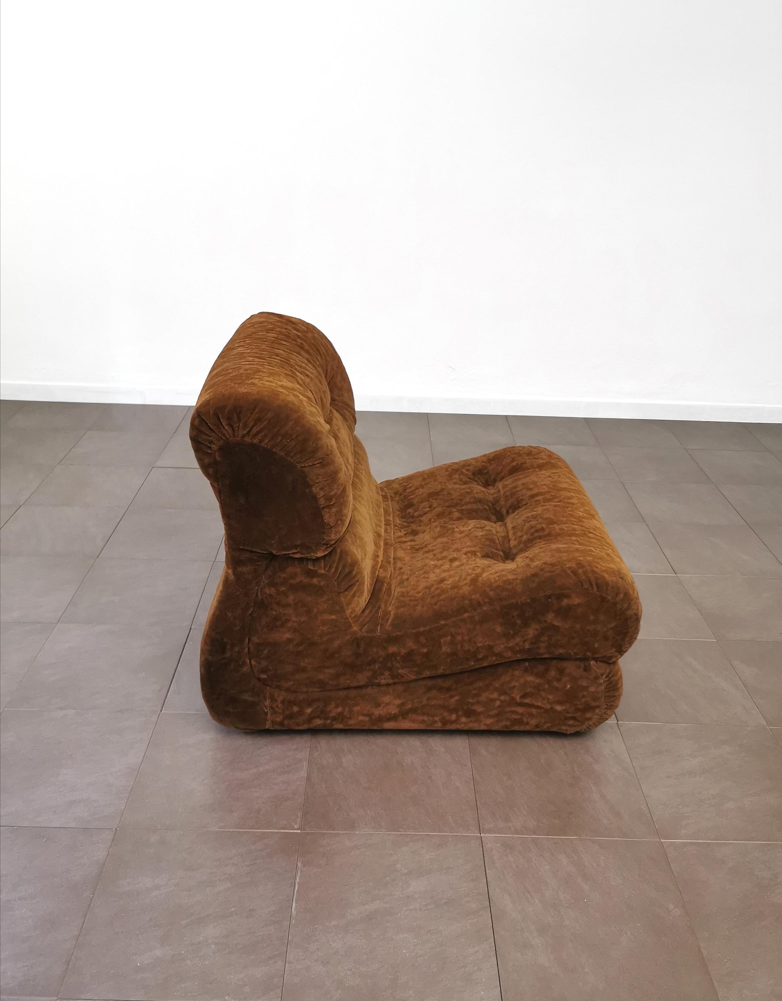 Curved Armchair Velvet Brown Wood Midcentury Italian Design 1960s 1