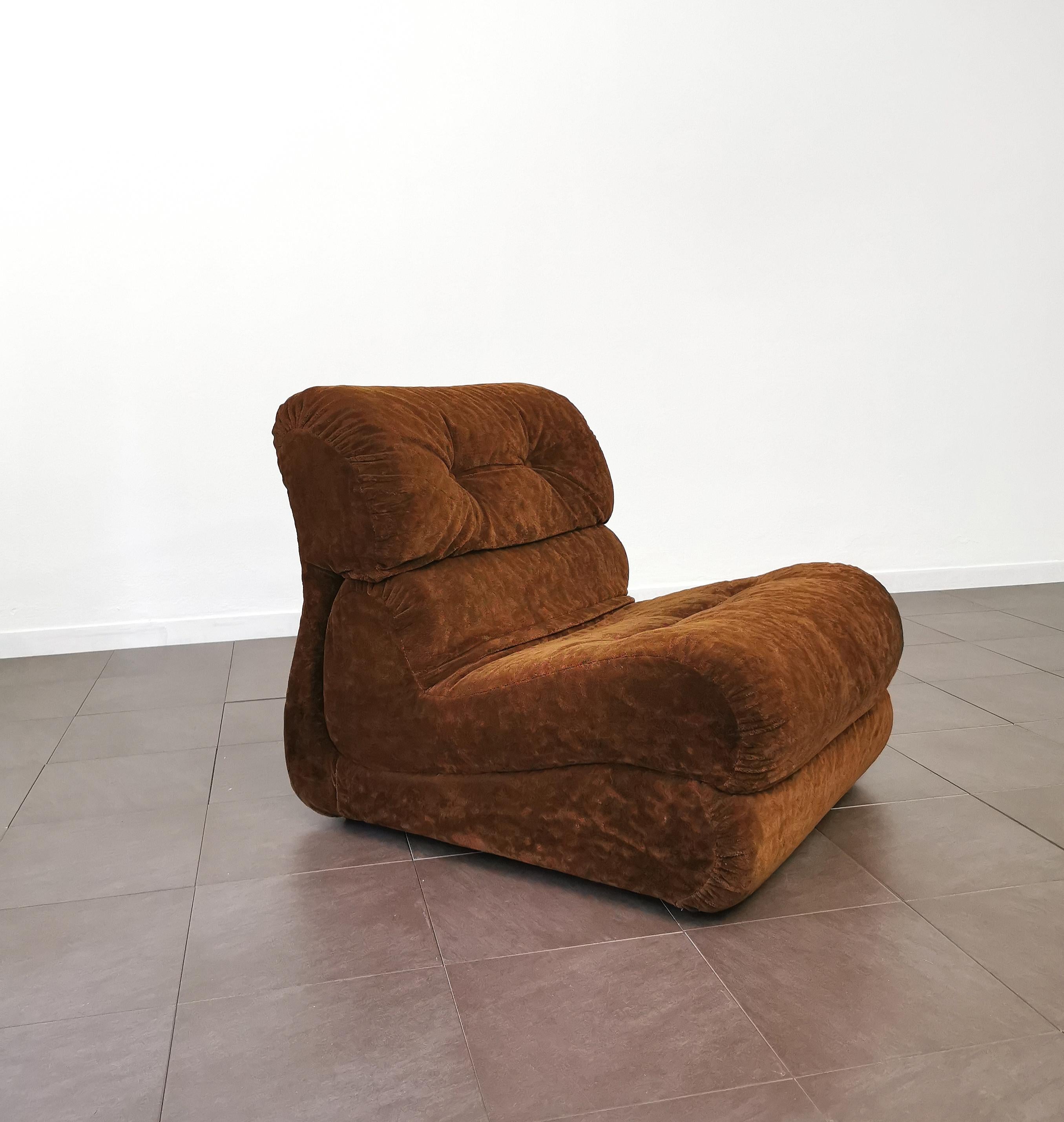 Curved Armchair Velvet Brown Wood Midcentury Italian Design 1960s 2
