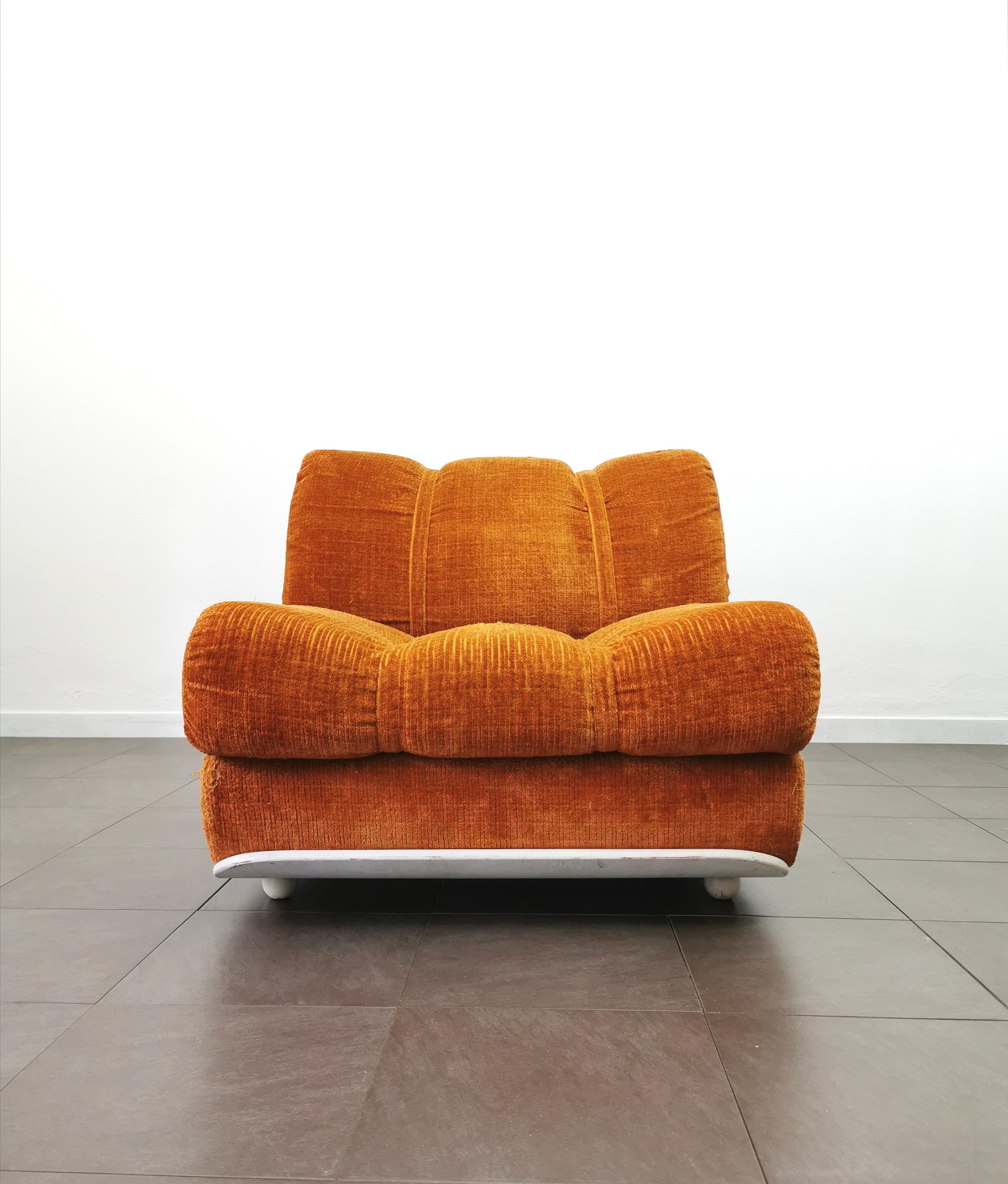 Curved Armchair Velvet Wood Enameled White Orange Midcentury Italian Design 1970 5