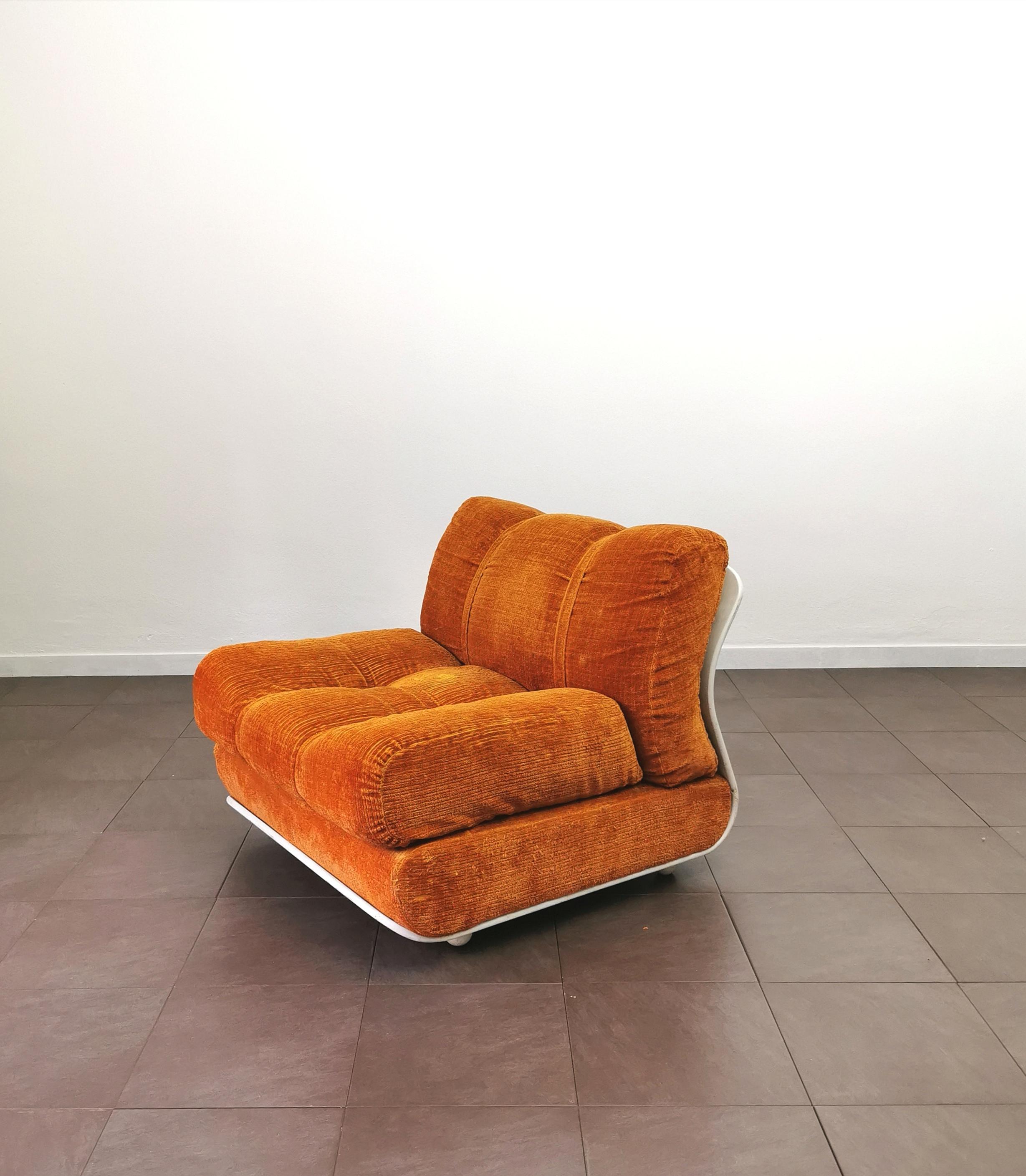 Mid-Century Modern Curved Armchair Velvet Wood Enameled White Orange Midcentury Italian Design 1970