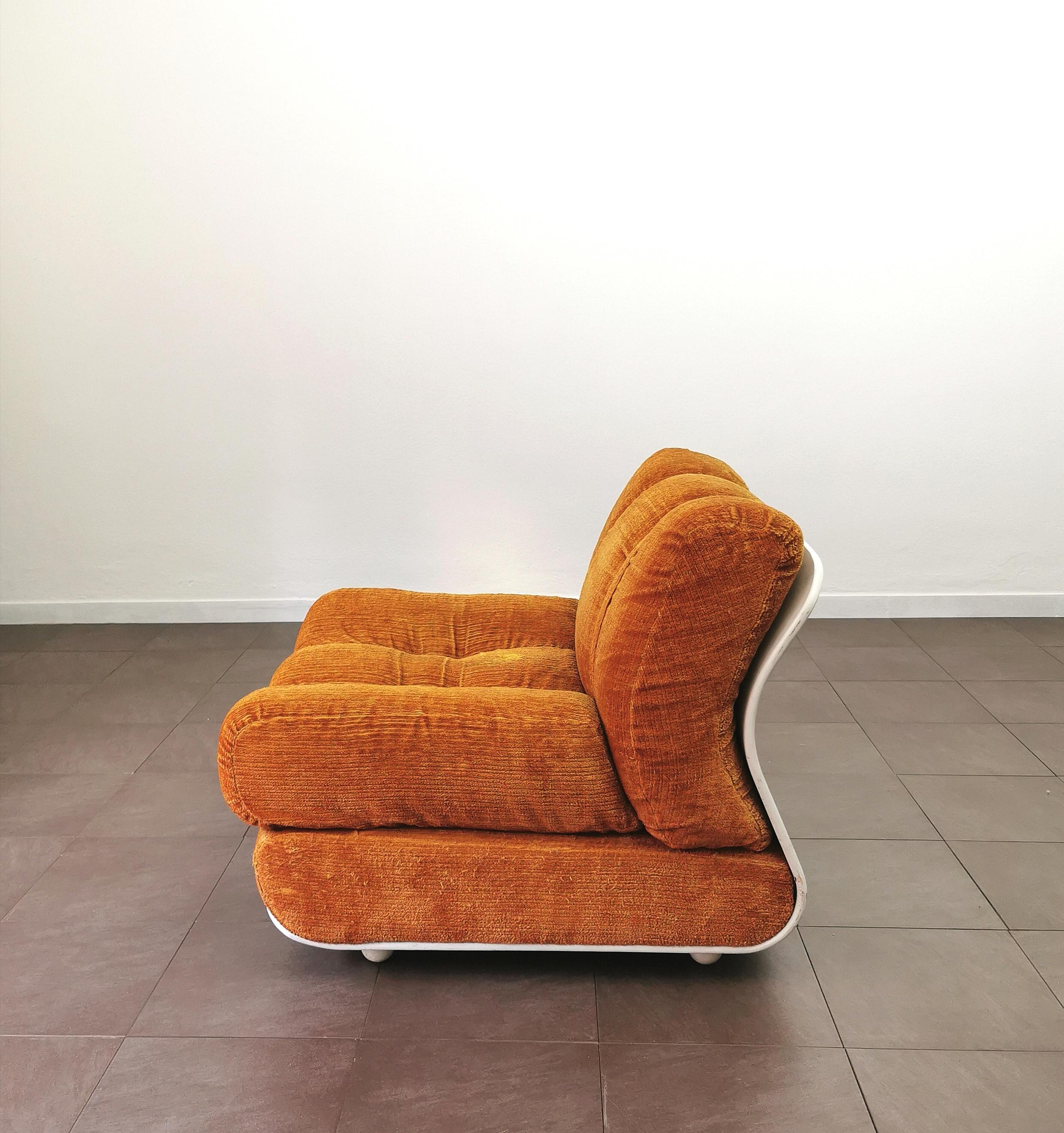 20th Century Curved Armchair Velvet Wood Enameled White Orange Midcentury Italian Design 1970