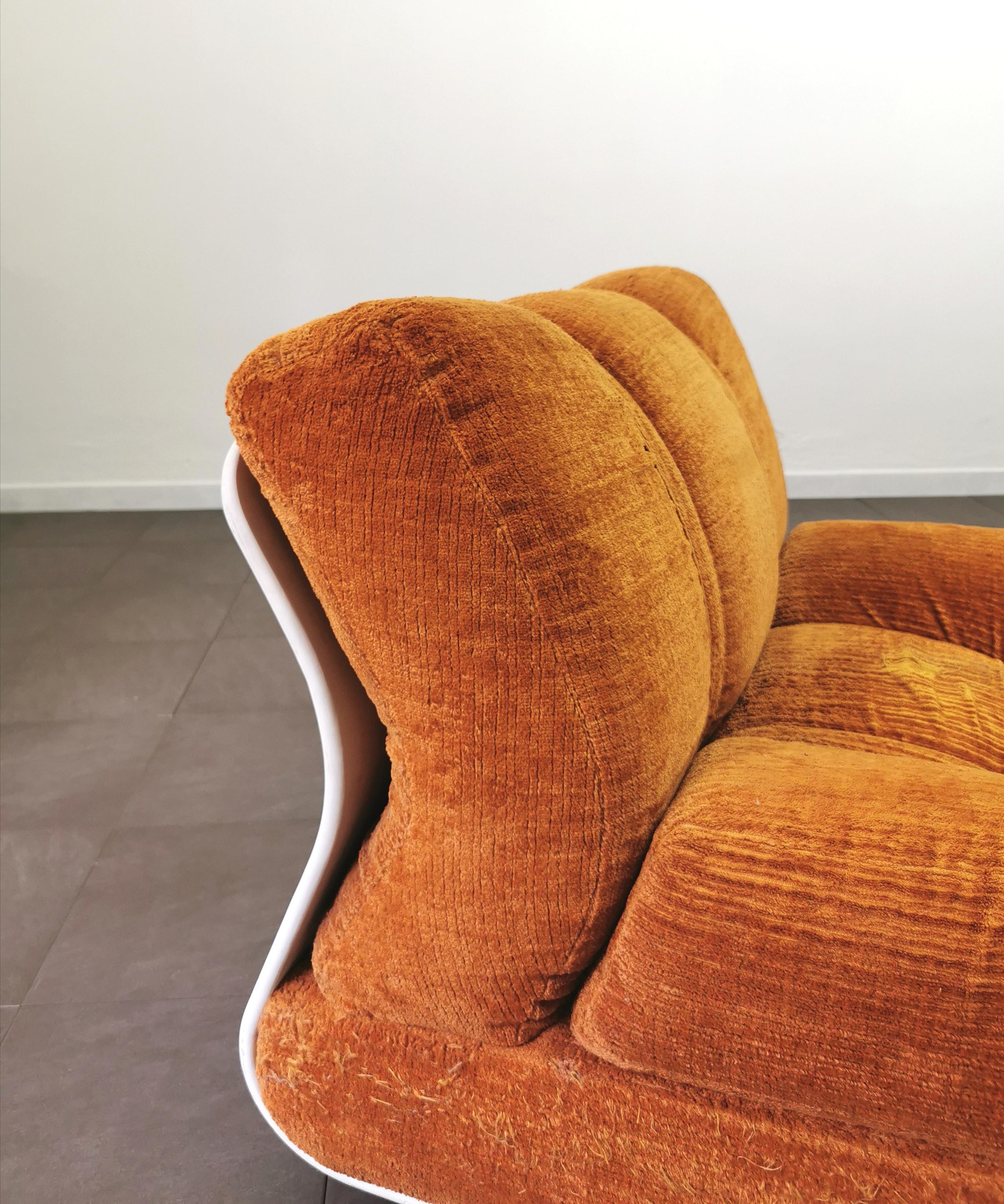 Curved Armchair Velvet Wood Enameled White Orange Midcentury Italian Design 1970 1