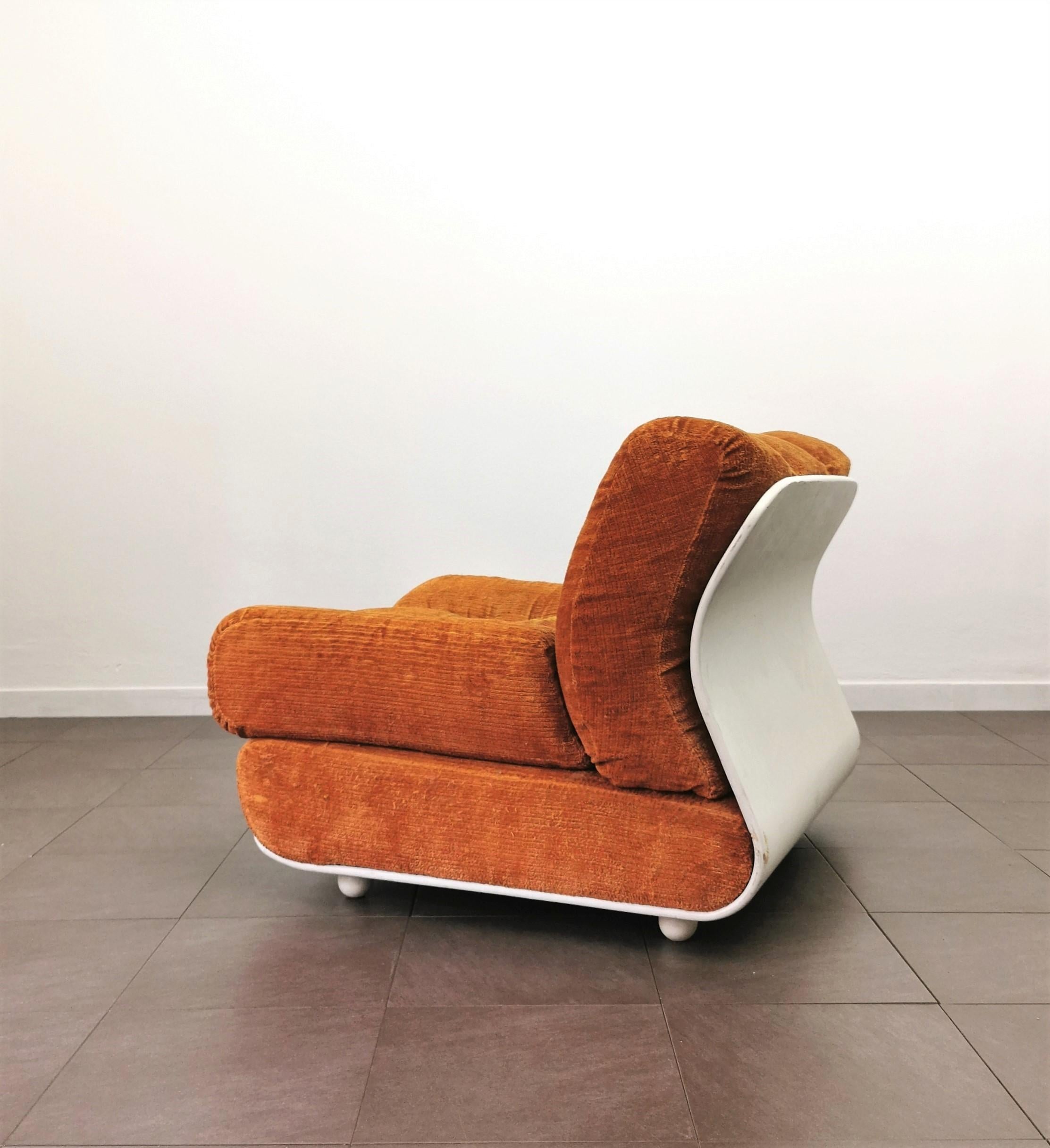 Curved Armchair Velvet Wood Enameled White Orange Midcentury Italian Design 1970 2