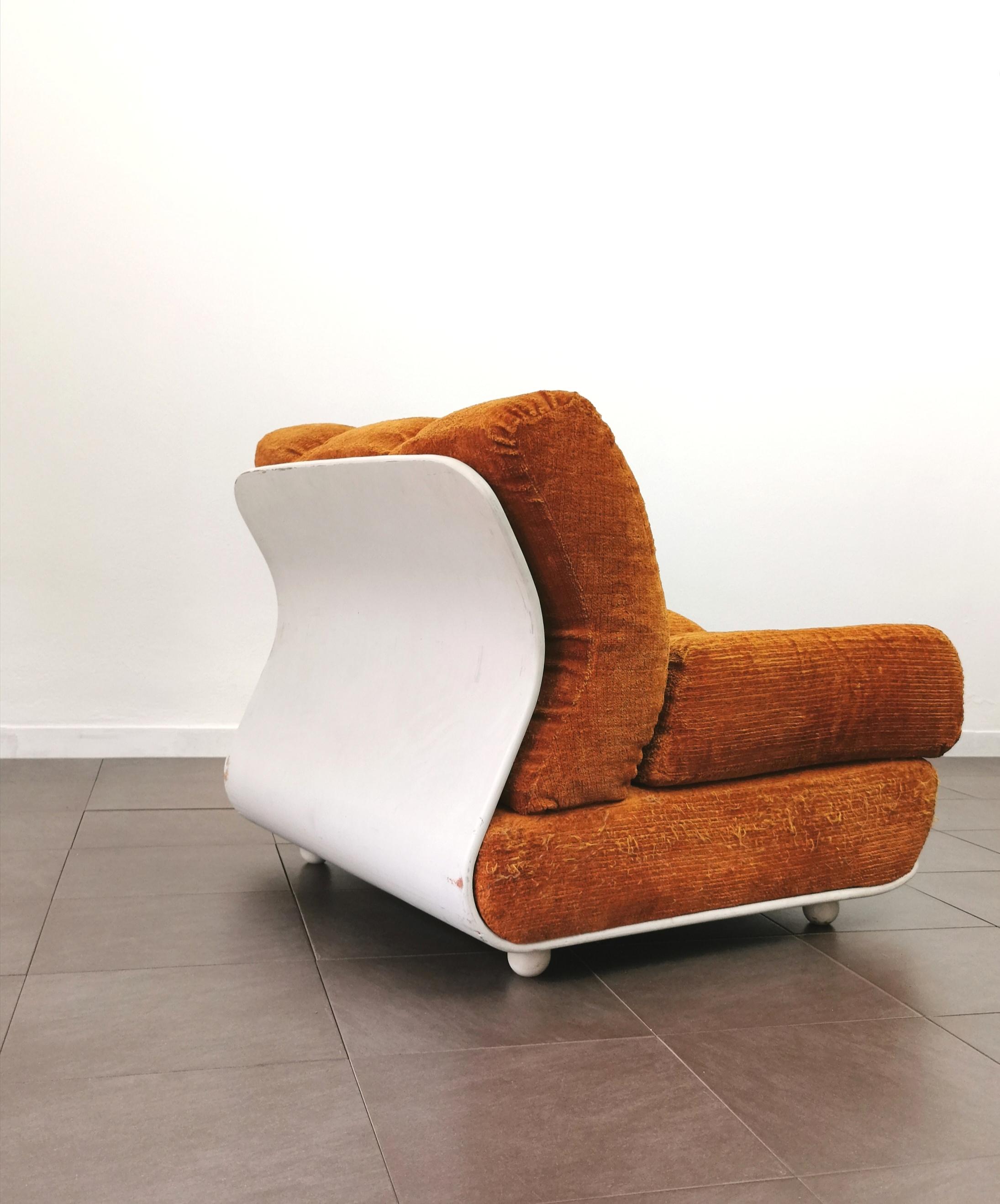 Curved Armchair Velvet Wood Enameled White Orange Midcentury Italian Design 1970 4