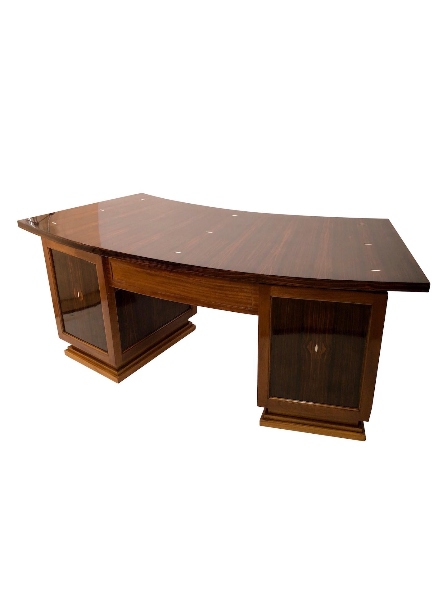 Curved Art Deco Desk in in Real Wood Veneer with Inlays For Sale 7