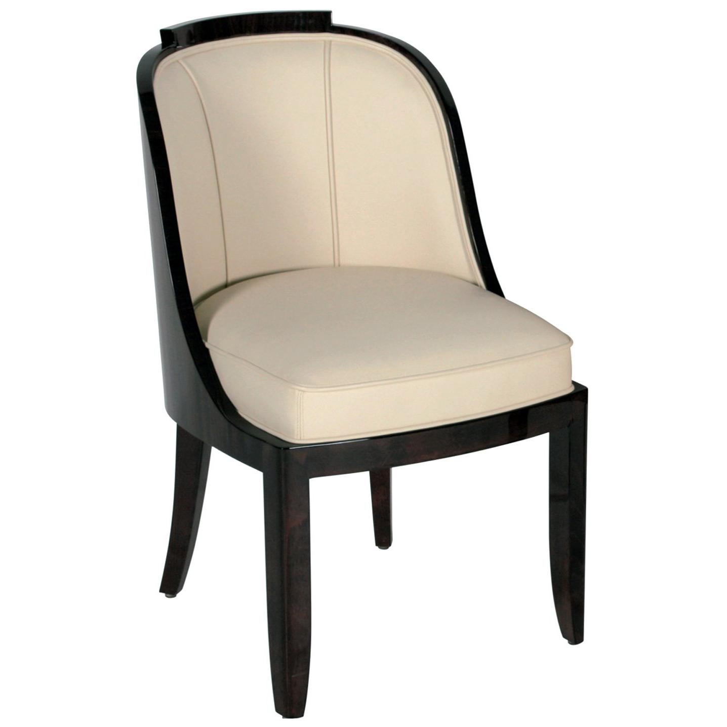 Curved Art Deco Leather or Velvet Dining Chair with Lacquered Wood Frame For Sale