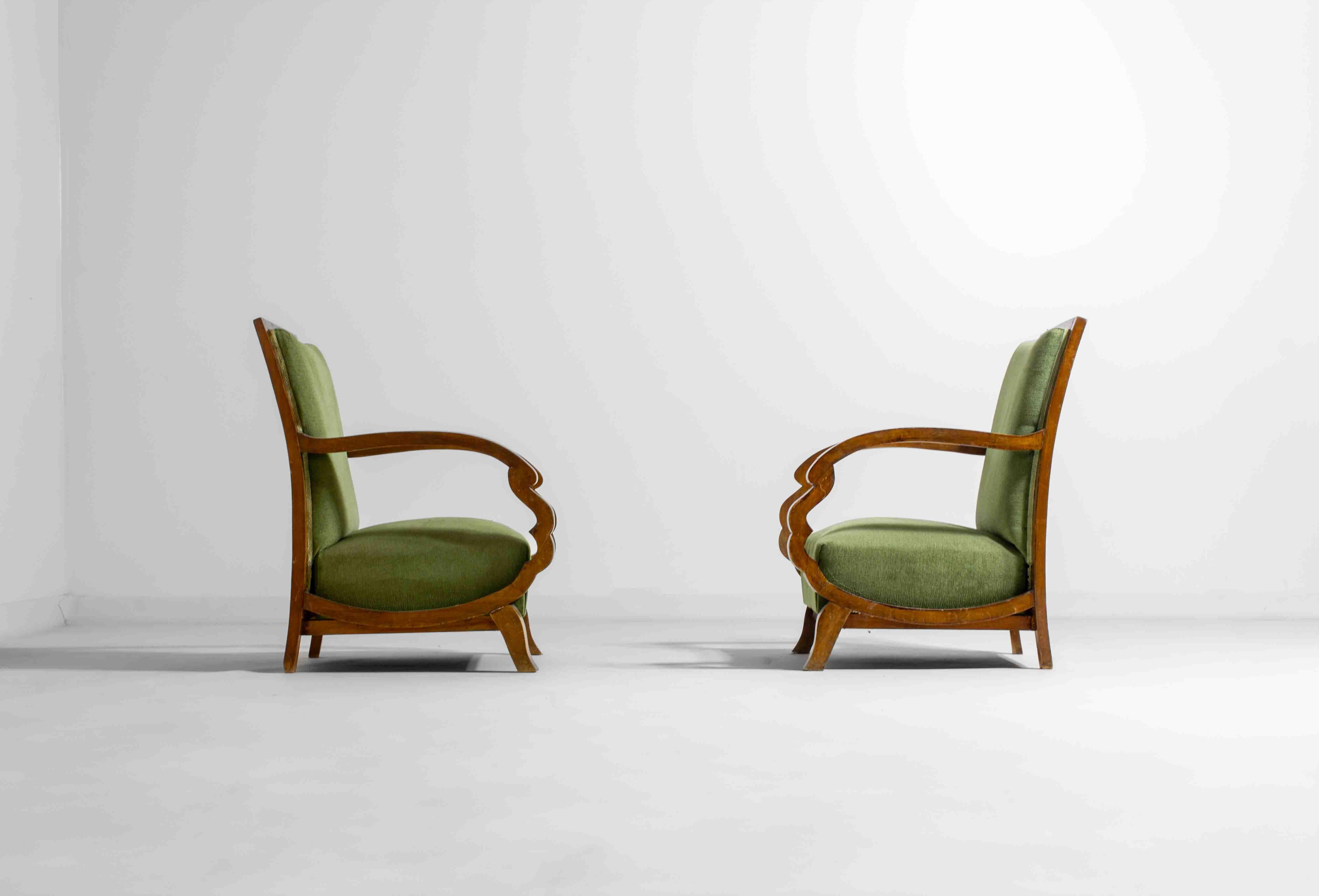 Curved art deco lounge chairs, Italy 1930s In Good Condition For Sale In Antwerpen, VAN