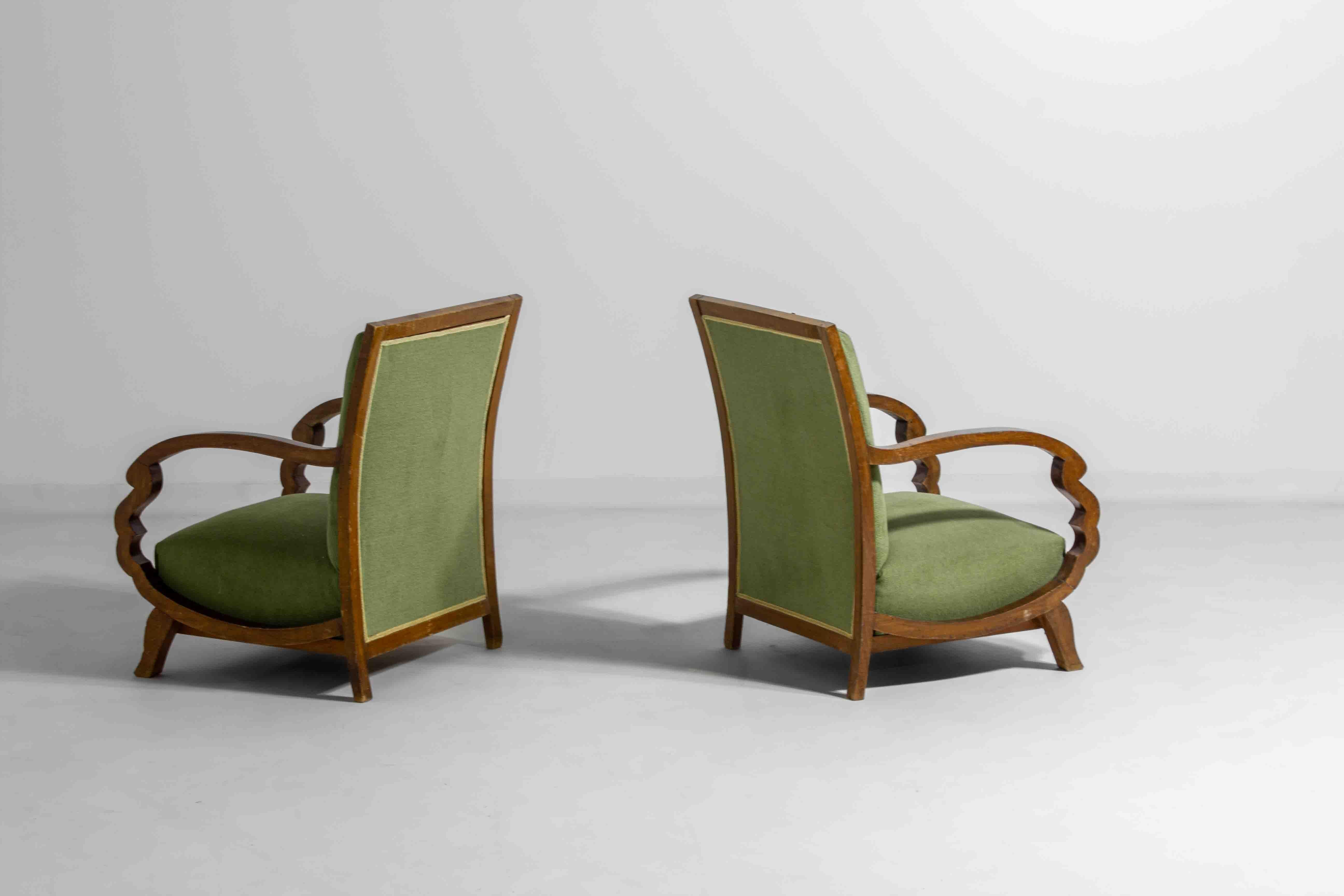 Fabric Curved art deco lounge chairs, Italy 1930s For Sale