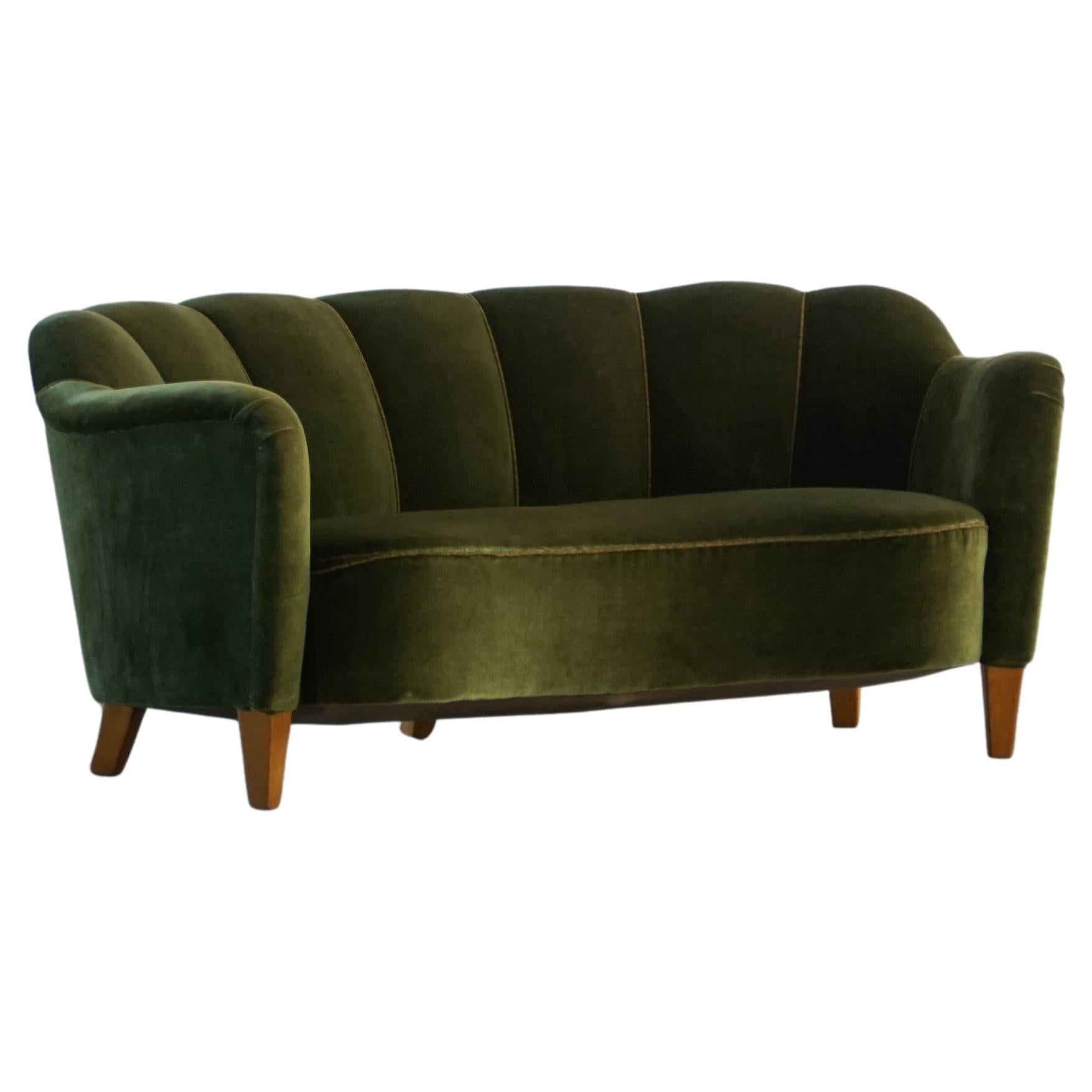 Curved Art Deco Sofa in Green Velour, Swedish Modern, 1940s