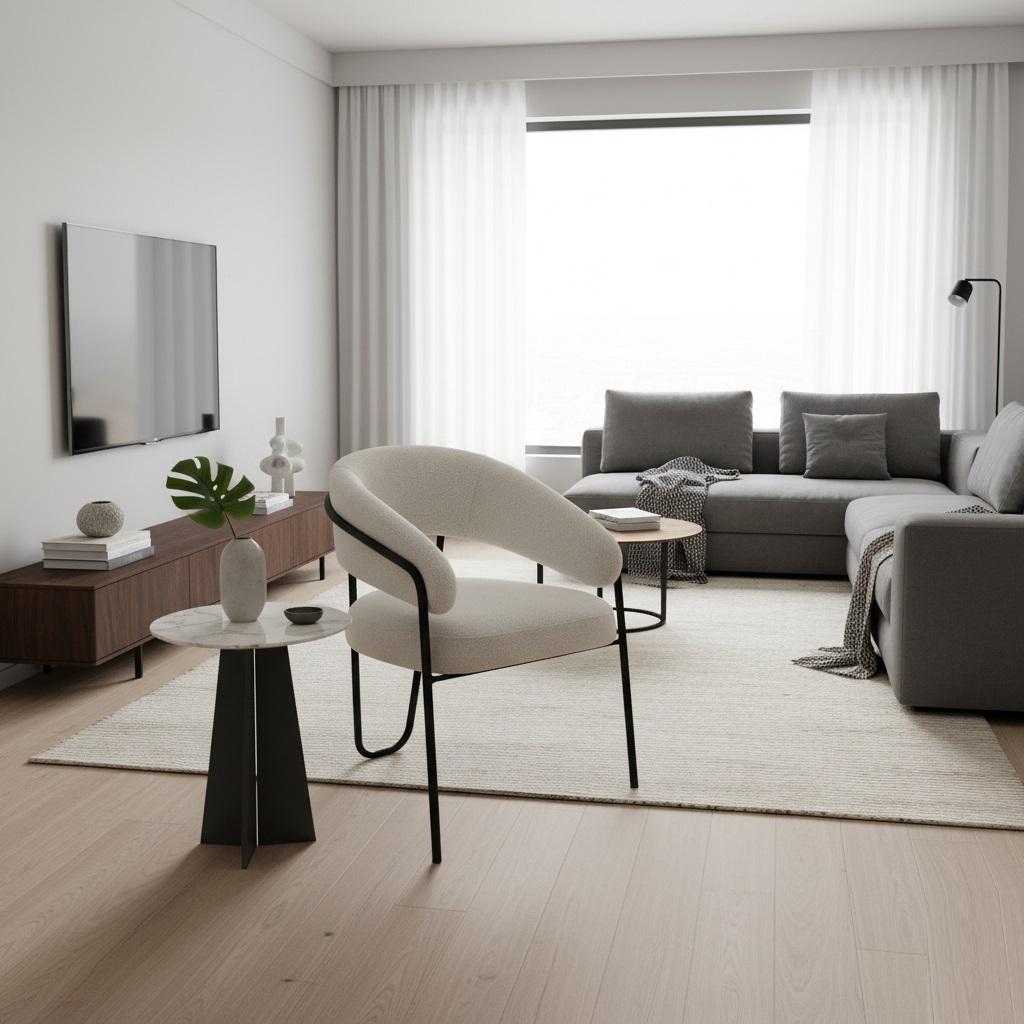 Sillón de Respaldo Curvo con Elegante Estructura Metálica y Tapizado Bouclé-Sergio López Hecho a mano en venta