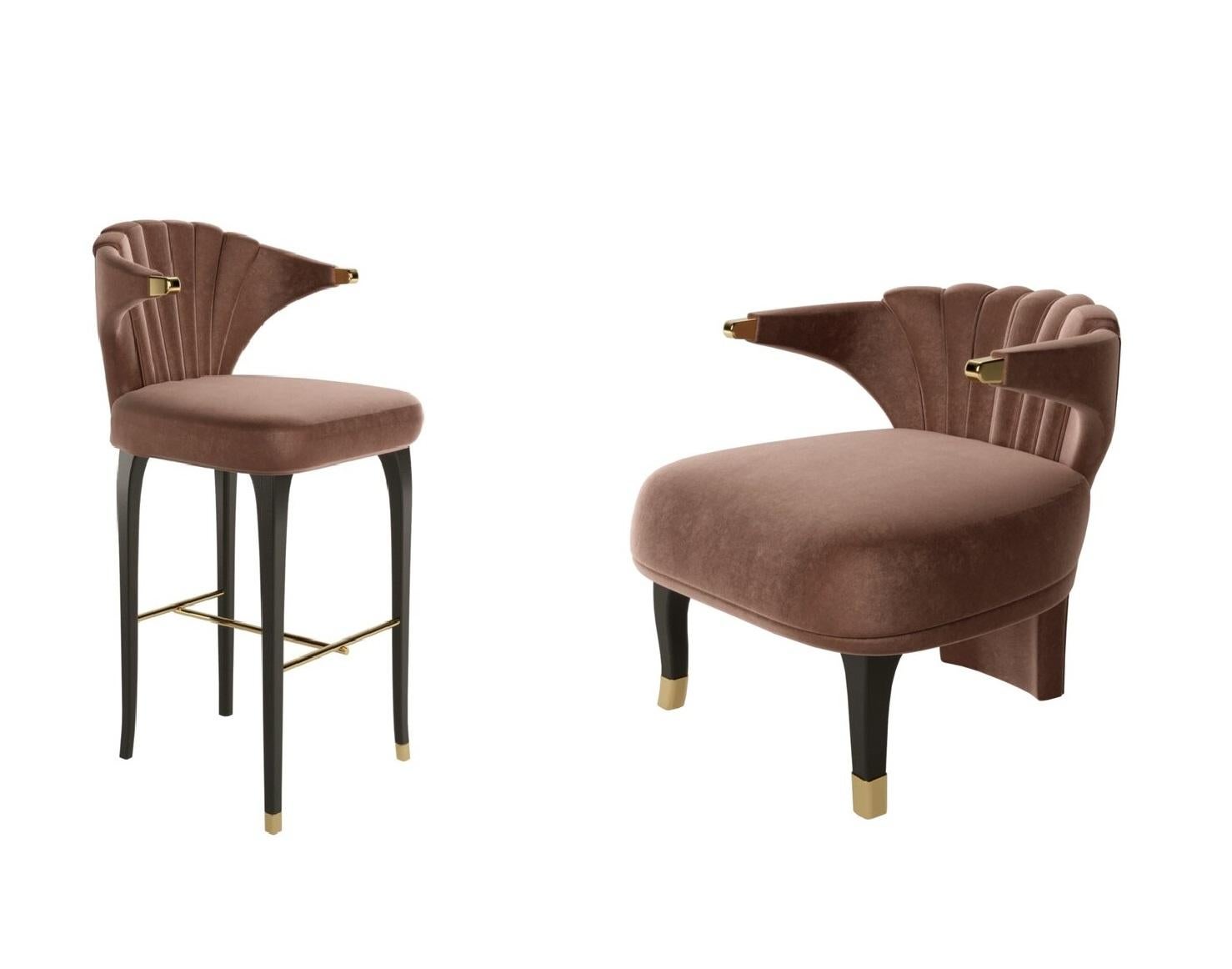 Curved Back Barstools-Ash Rose Velvet & Brass Detailing, Set of 2 In New Condition For Sale In New York, NY