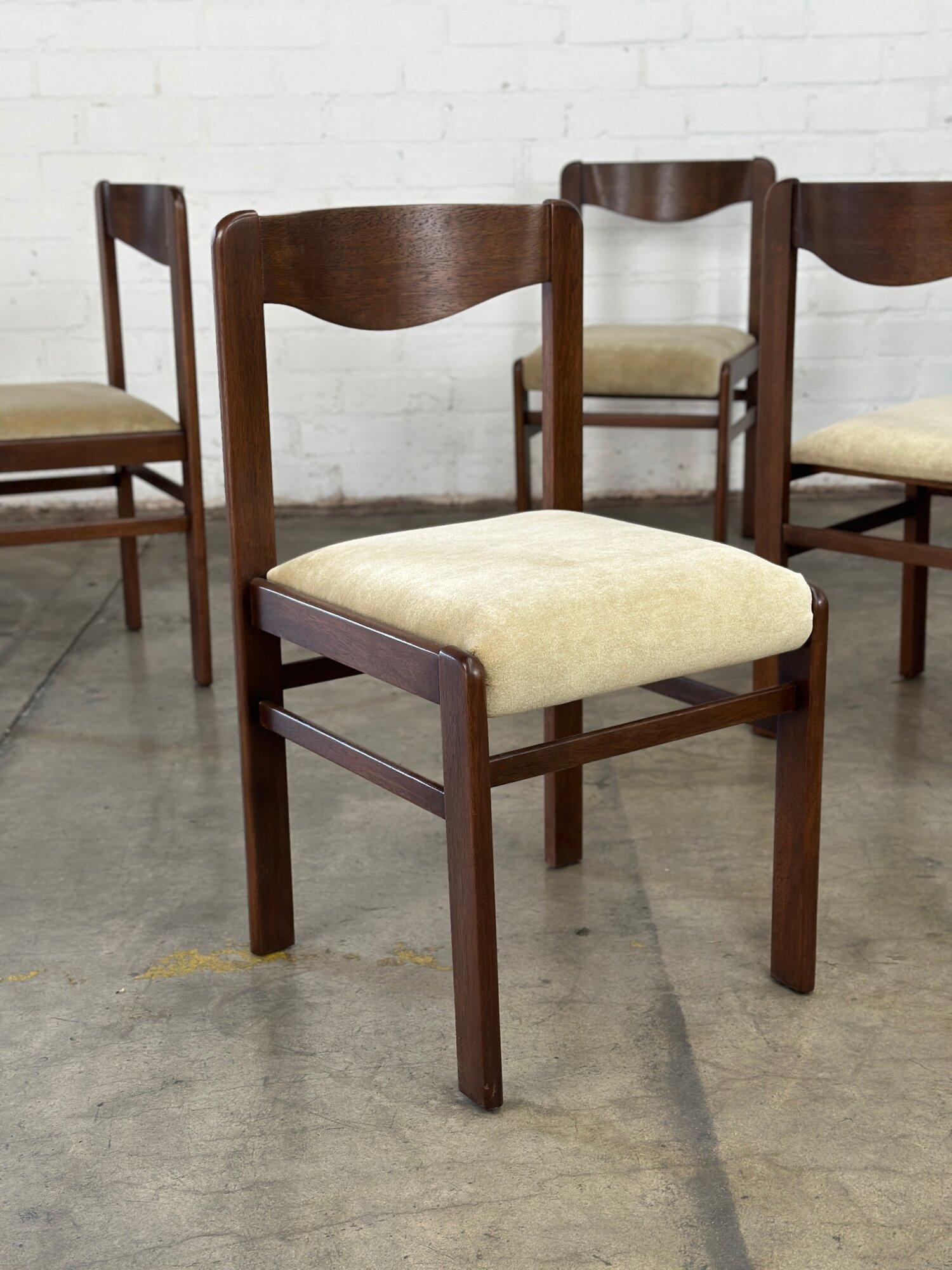 W17 D18 H31 SW15 SD16.5 SH17.5

Minimal dining chairs with a great molded curved back seat. Chairs features newly refinished frames and fresh high pile upholstery. Price is for the set of six chairs. 

