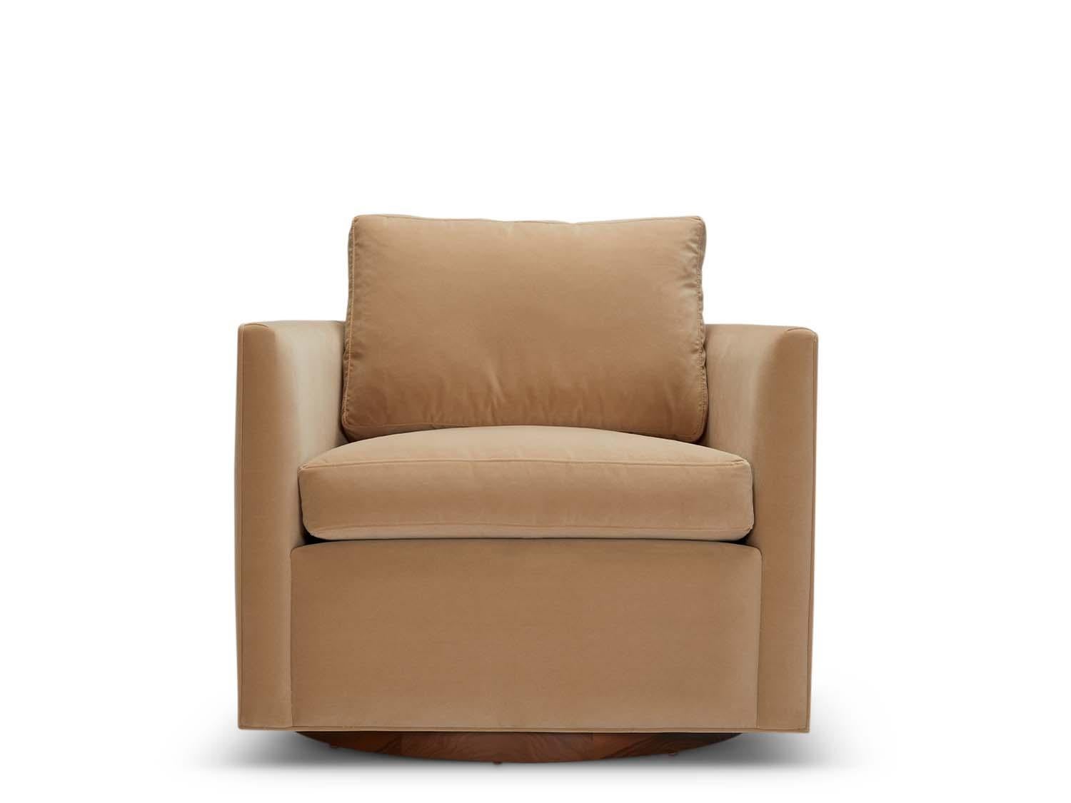 The curved back swivel chair is a tuxedo style lounge chair with curved corners and a metal base. The chair features down-wrapped, removable seat and back cushions.

The Lawson-Fenning Collection is designed and hand made in Los Angeles, California.