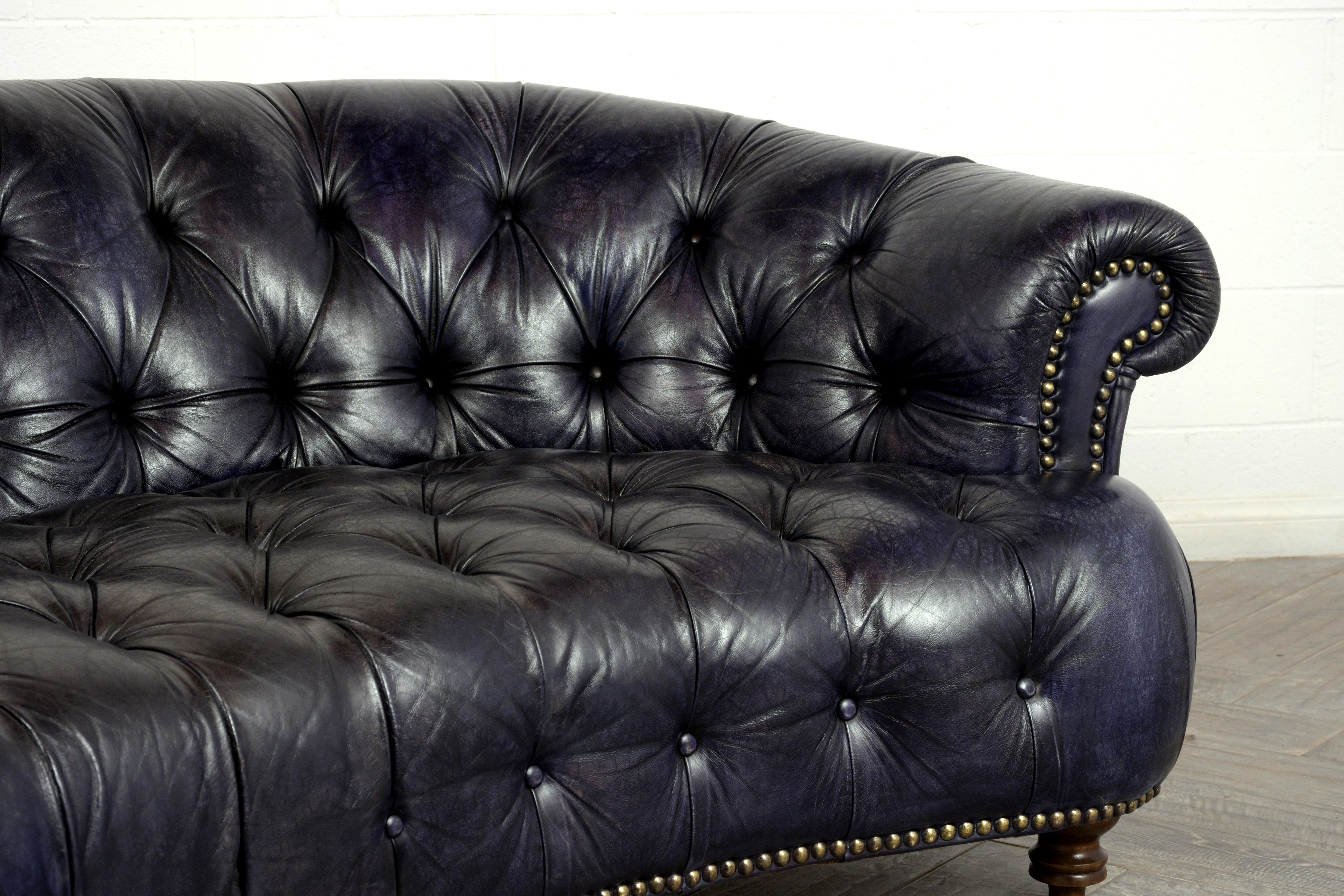 Carved Curved Back Tufted Chesterfield Leather Sofa, circa 1970s