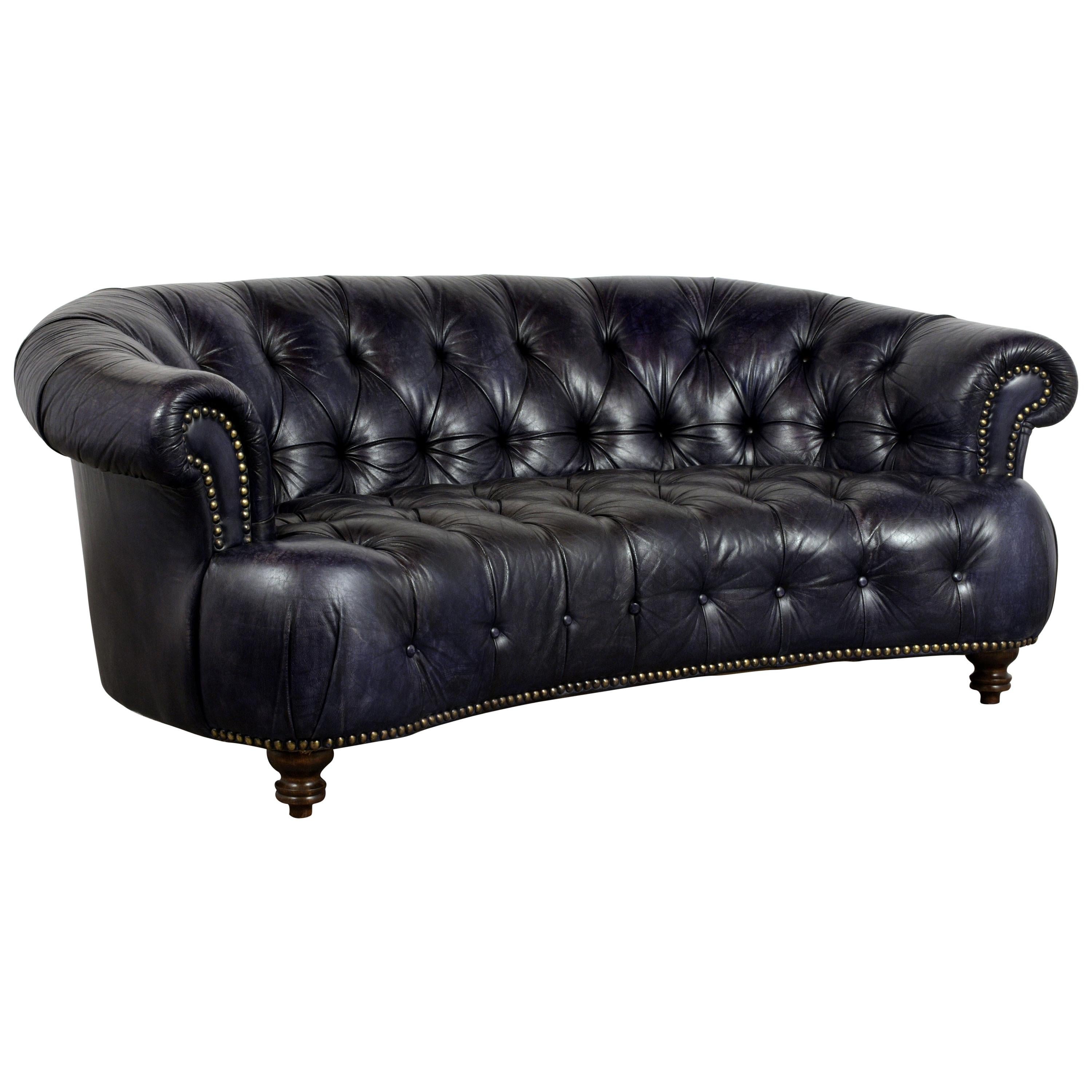 Curved Back Tufted Chesterfield Leather Sofa, circa 1970s