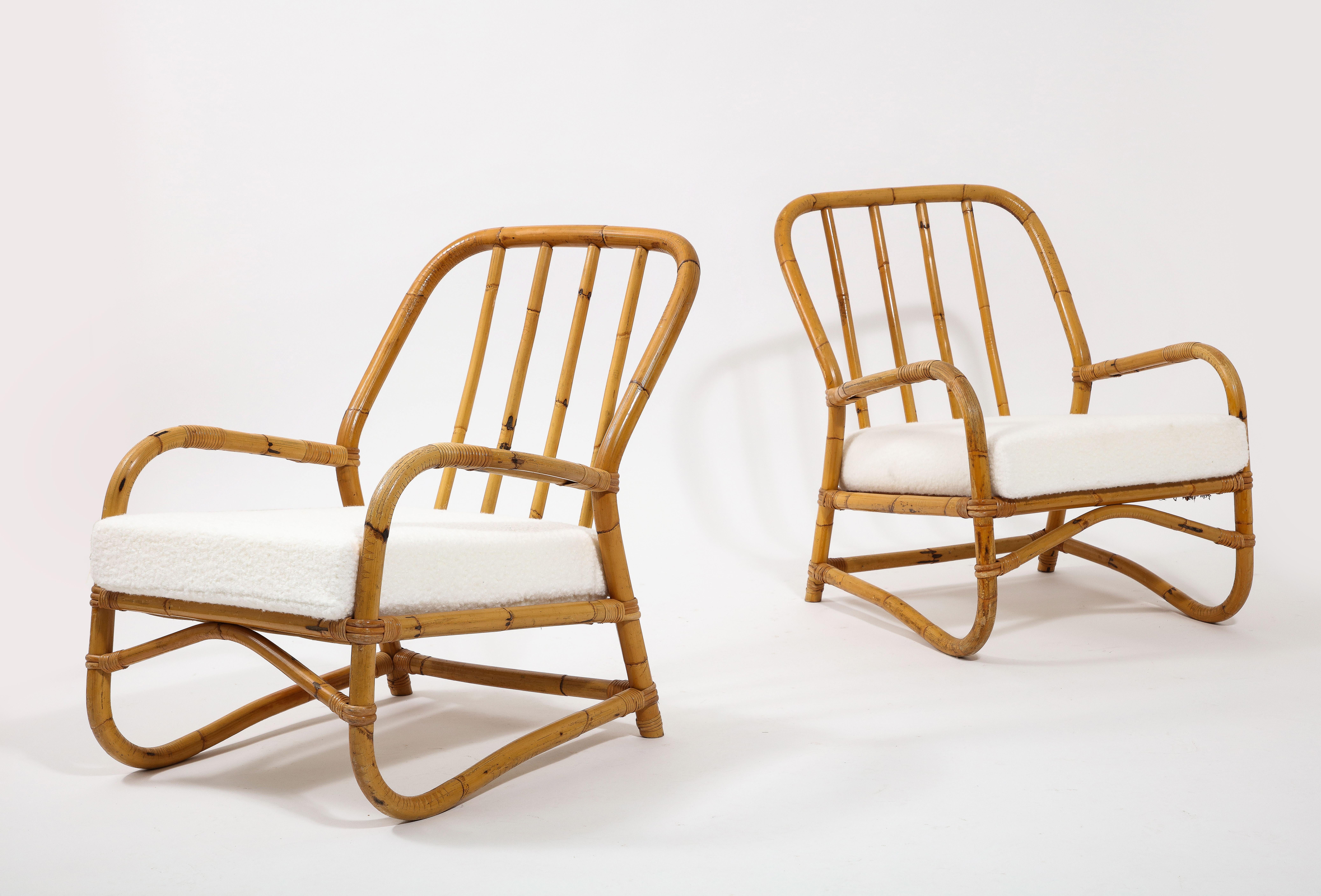 Louis Sognot Style Pair of Curved Bamboo Armchairs, France 1950's For Sale 3