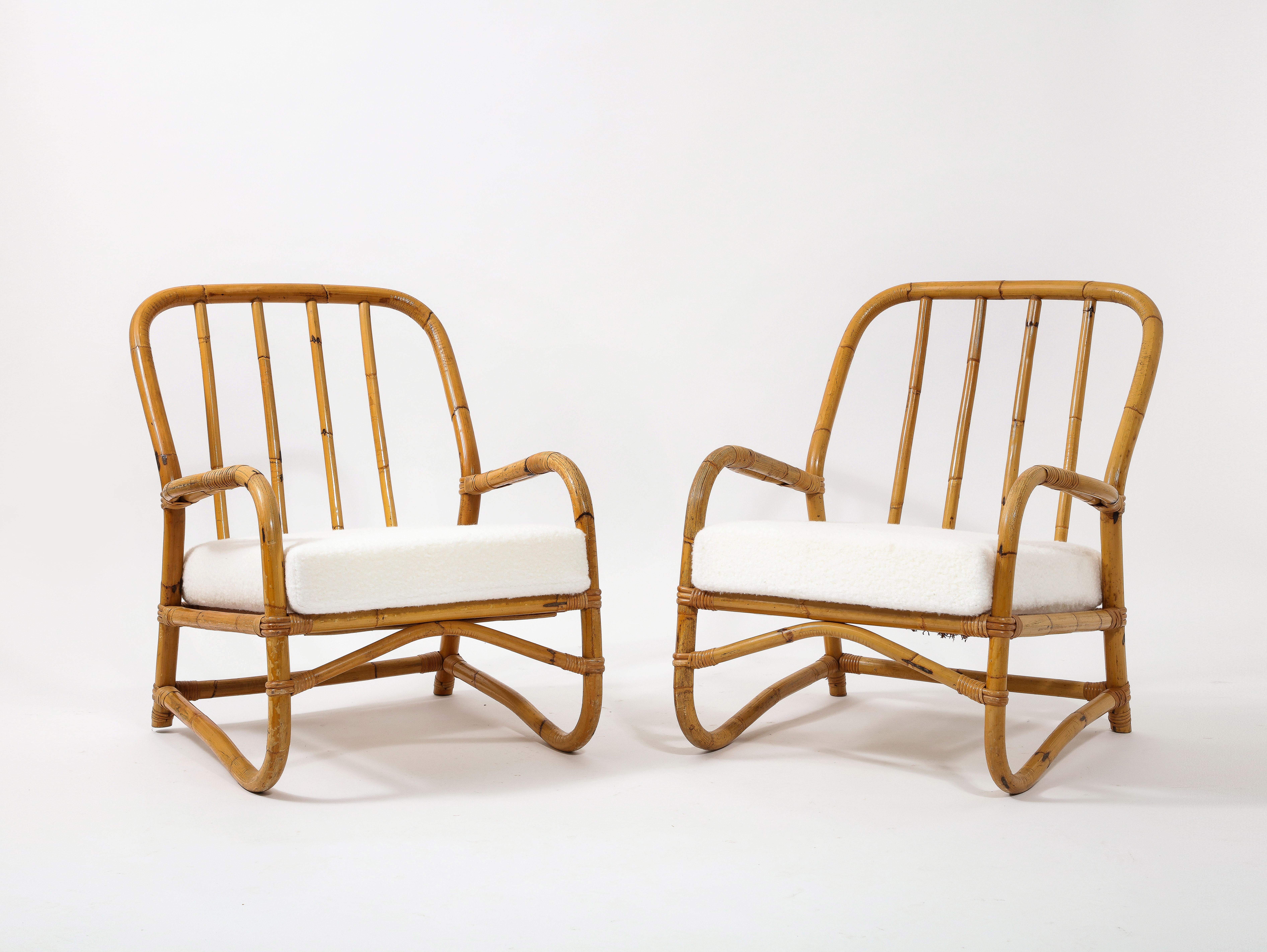 Louis Sognot Style Pair of Curved Bamboo Armchairs, France 1950's For Sale 11