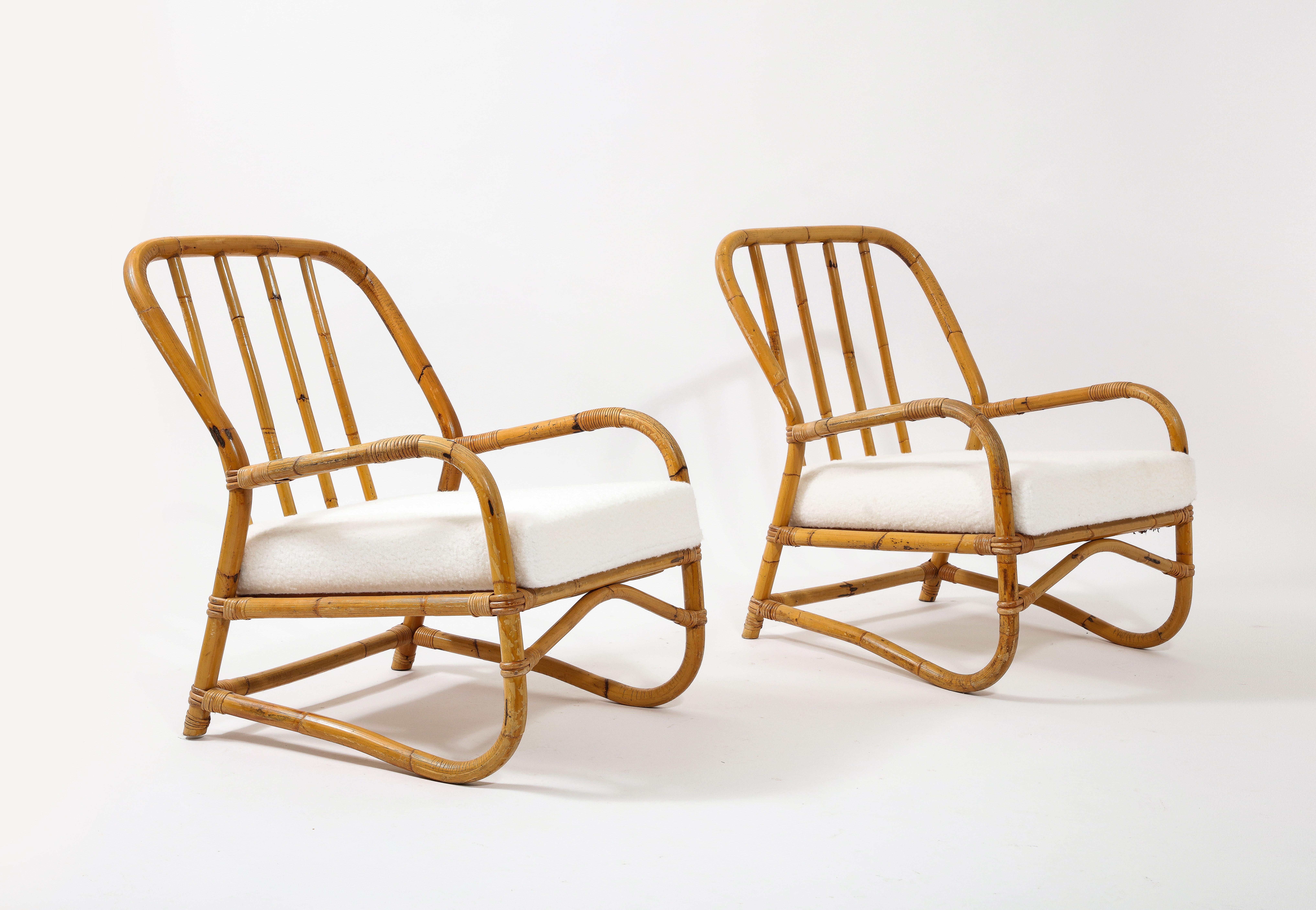 Louis Sognot Style Pair of Curved Bamboo Armchairs, France 1950's For Sale 12
