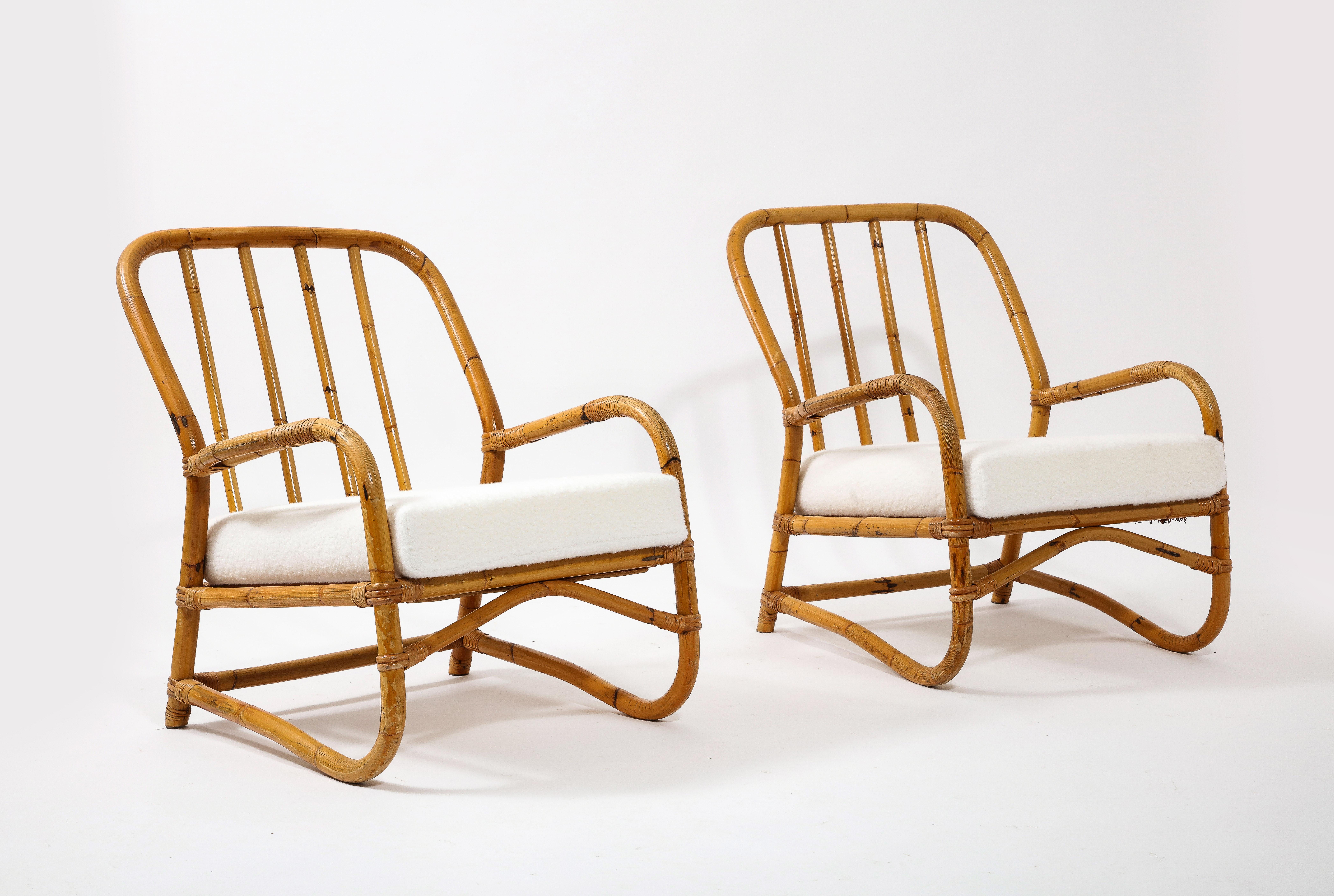 Mid-Century Modern Louis Sognot Style Pair of Curved Bamboo Armchairs, France 1950's For Sale