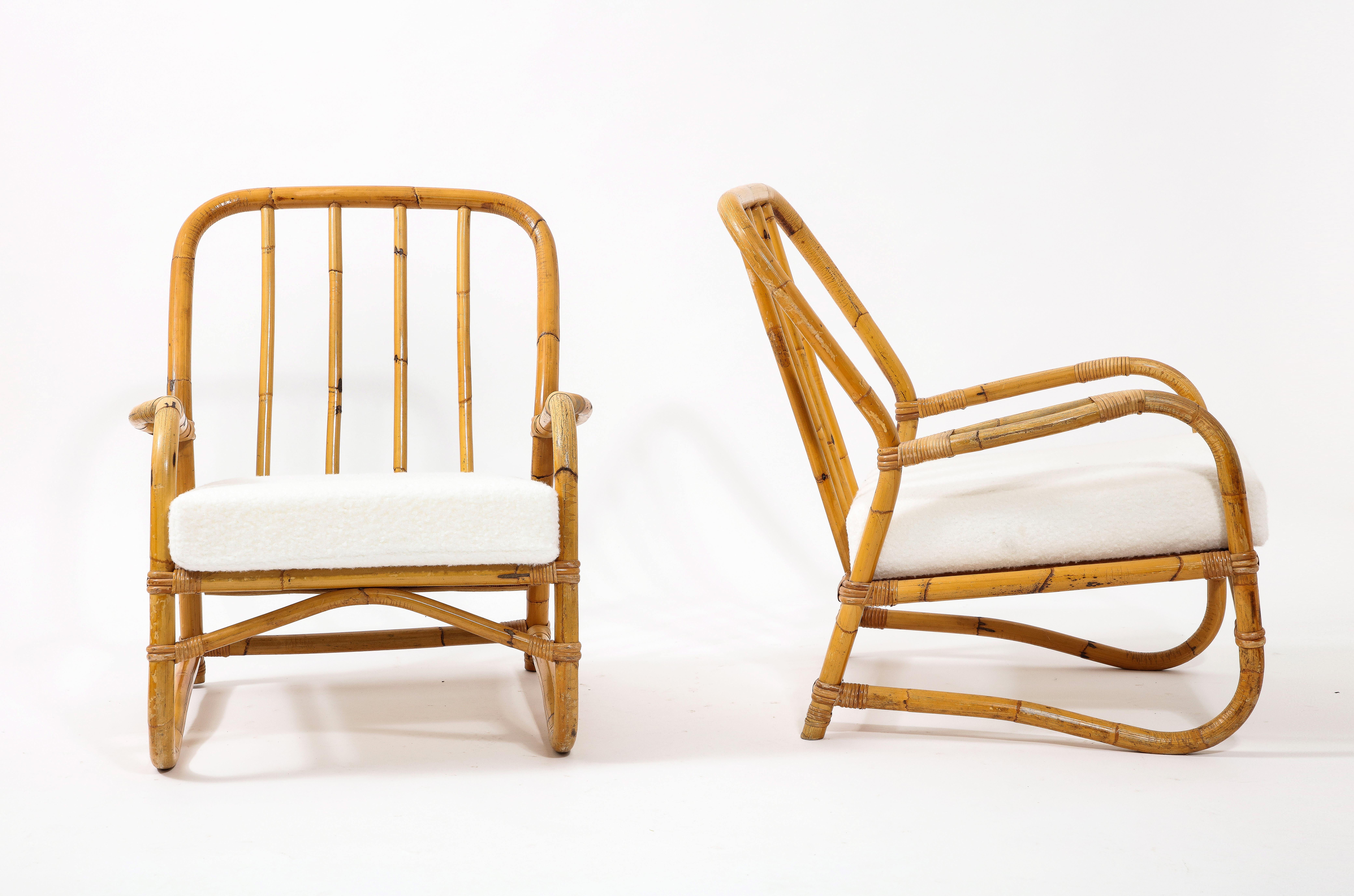 Hand-Woven Louis Sognot Style Pair of Curved Bamboo Armchairs, France 1950's For Sale